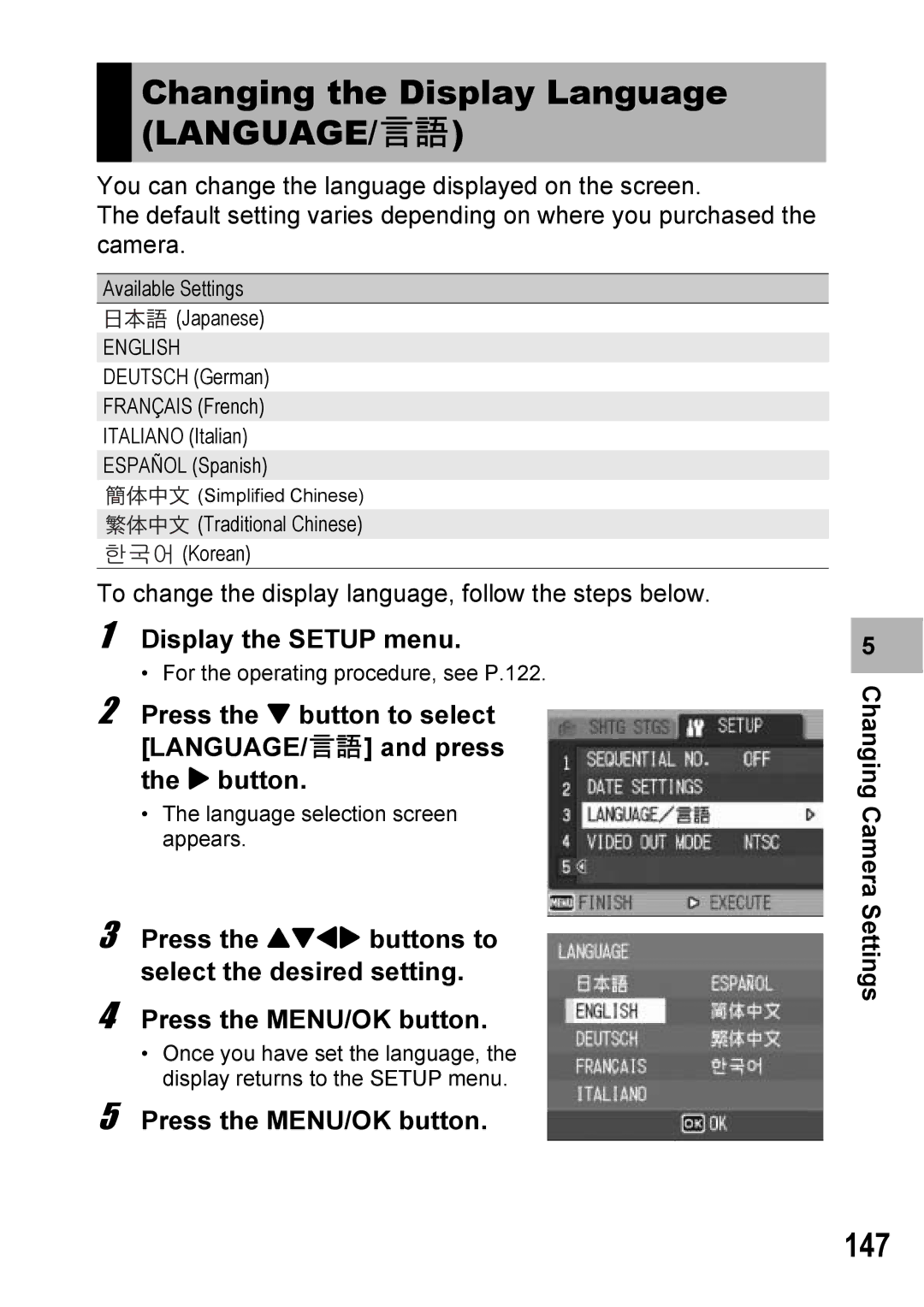 Ricoh Caplio R6 manual Changing the Display Language LANGUAGE/N, 147 