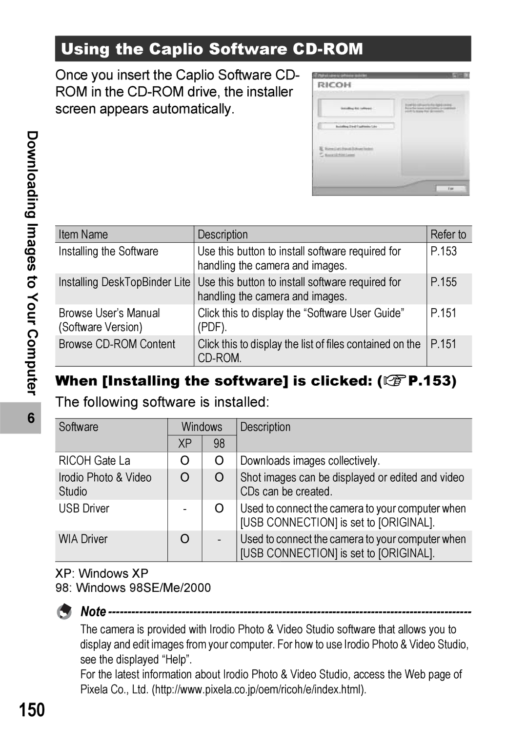 Ricoh Caplio R6 manual 150, Using the Caplio Software CD-ROM, When Installing the software is clicked GP.153 