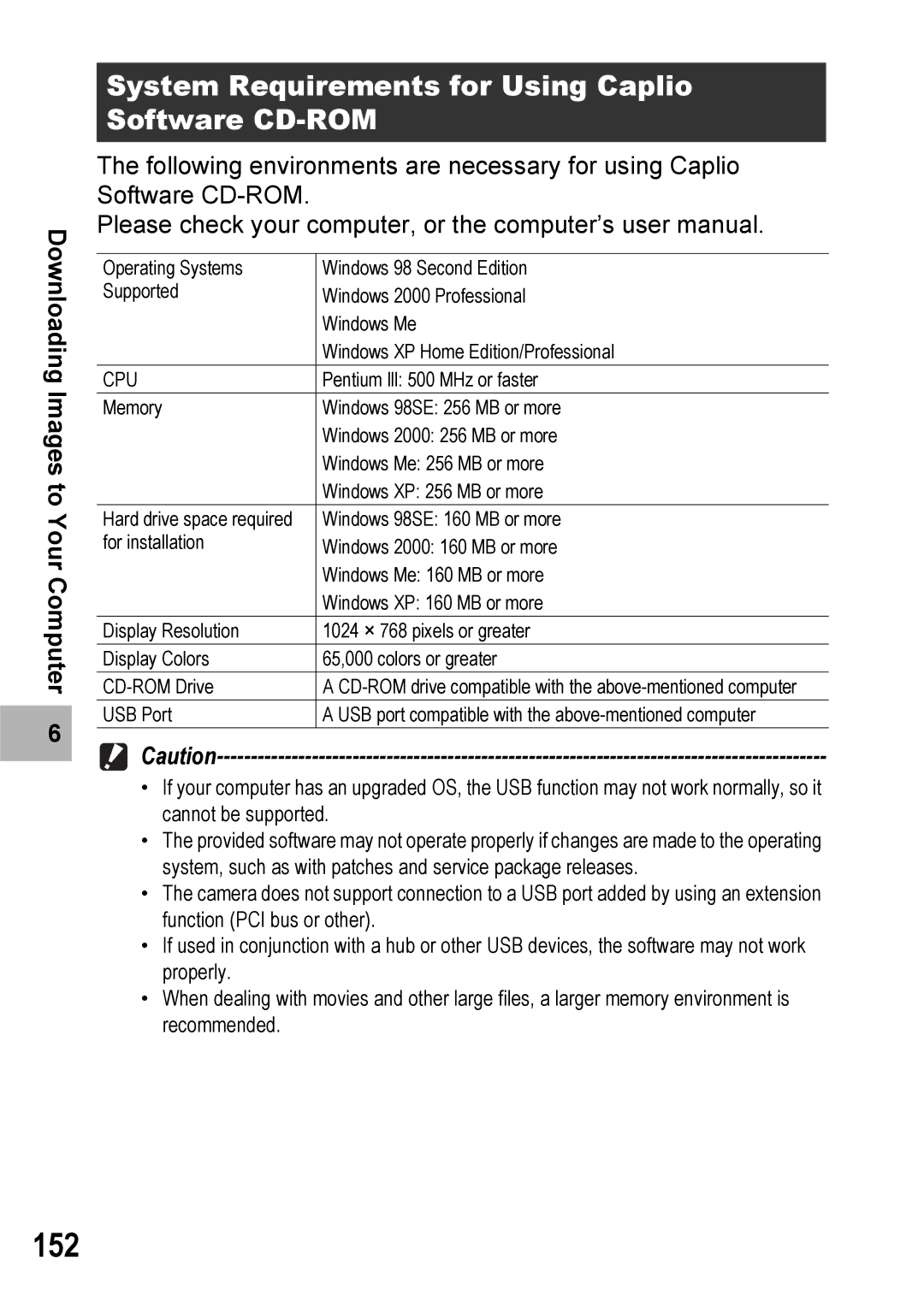 Ricoh Caplio R6 manual 152, System Requirements for Using Caplio Software CD-ROM 