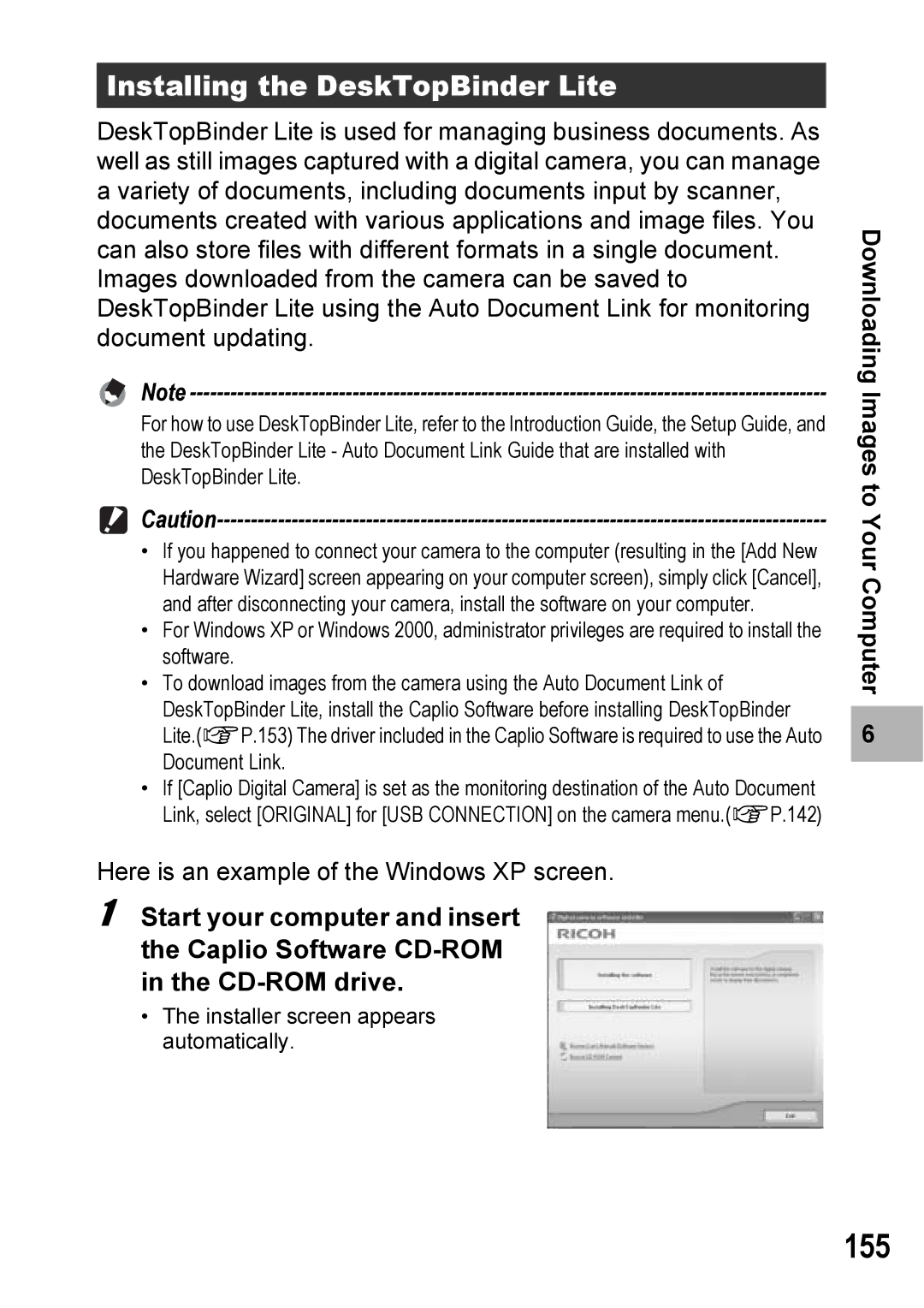 Ricoh Caplio R6 manual 155, Installing the DeskTopBinder Lite 