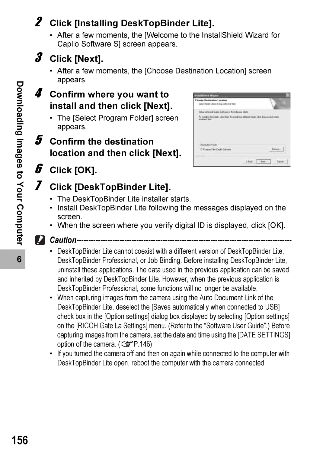 Ricoh Caplio R6 manual 156, Click Installing DeskTopBinder Lite 