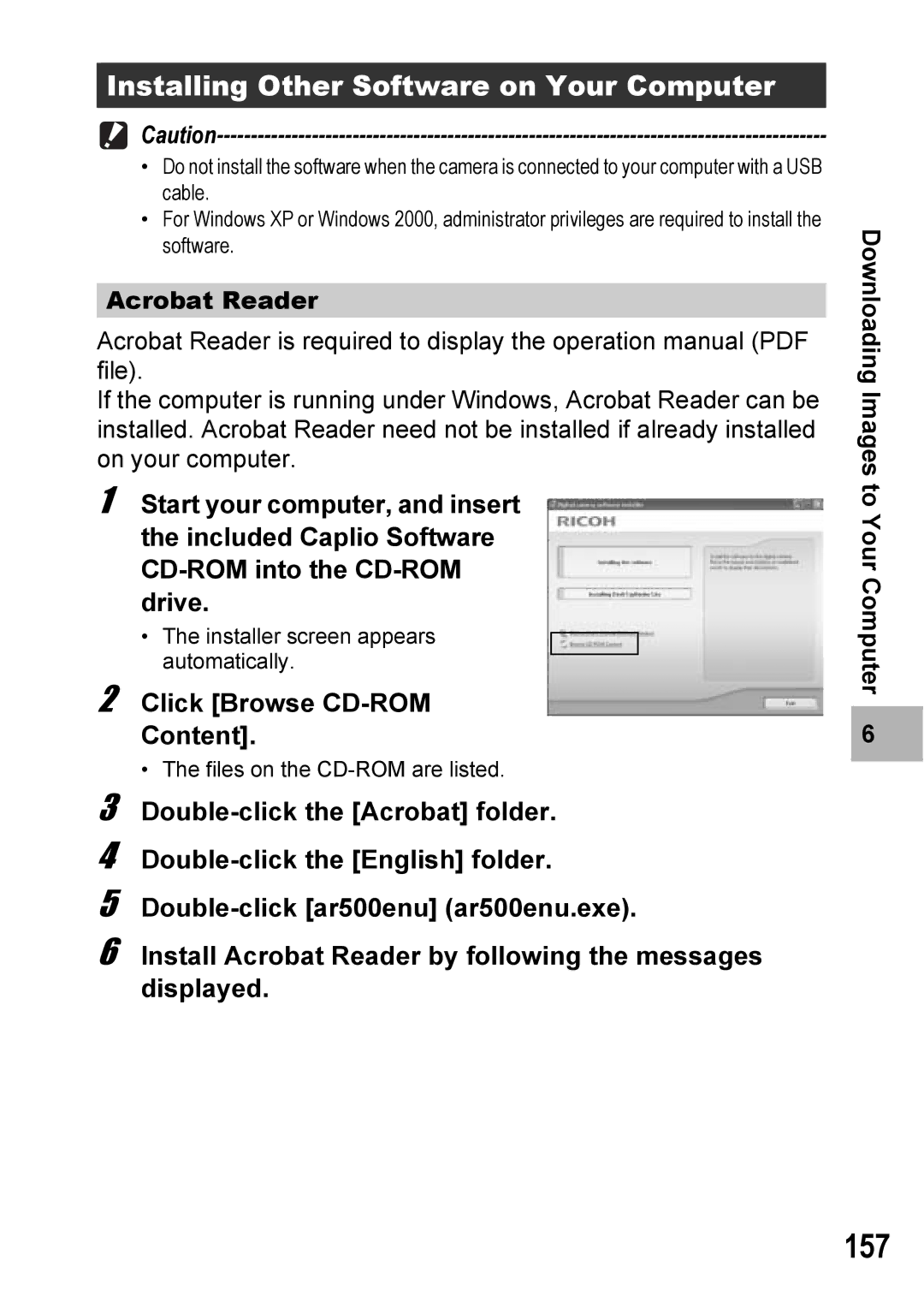 Ricoh Caplio R6 manual 157, Installing Other Software on Your Computer, Click Browse CD-ROM Content, Acrobat Reader 