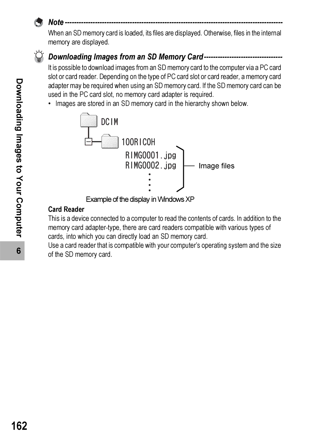 Ricoh Caplio R6 manual 162, Downloading Images from an SD Memory Card 