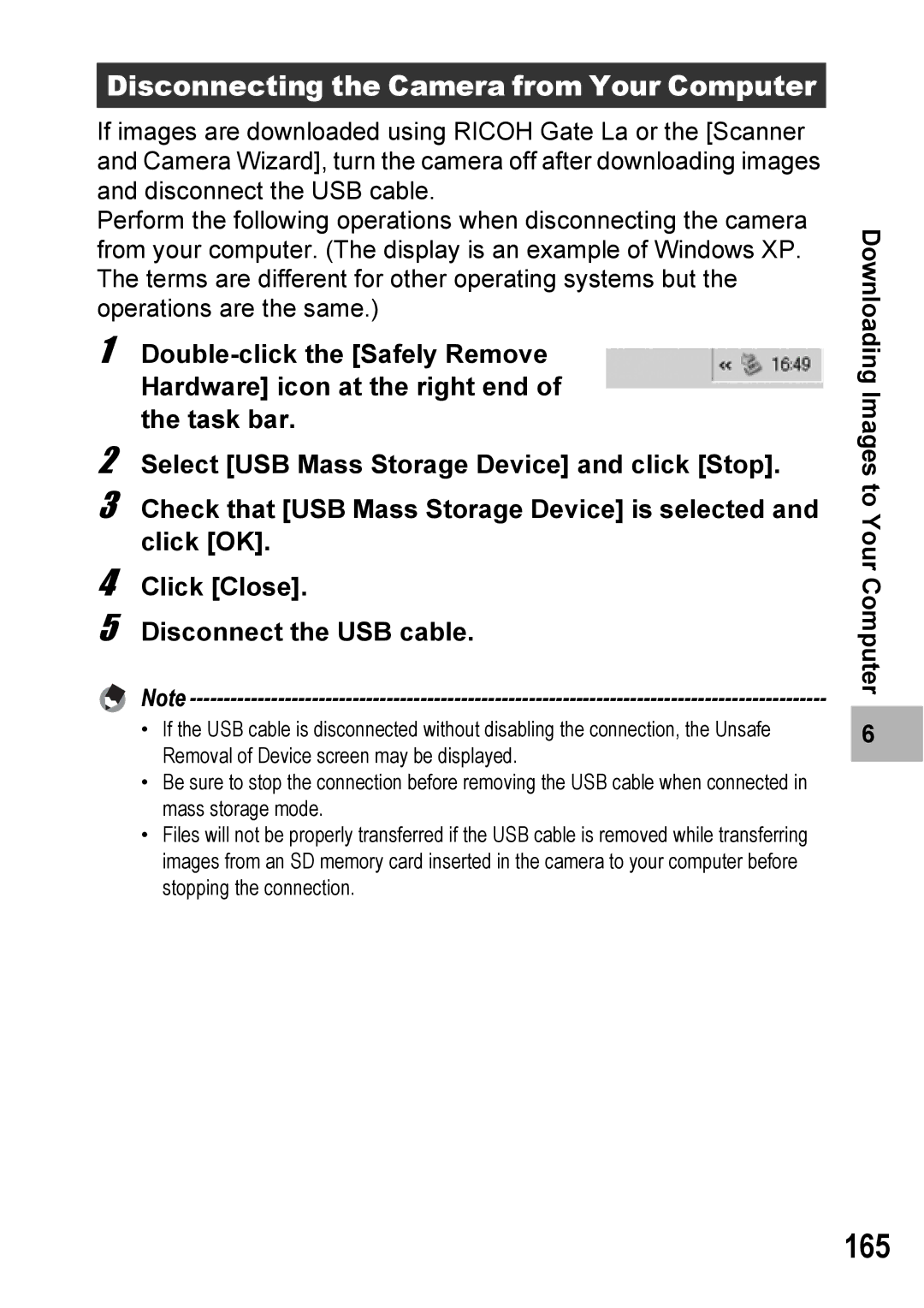 Ricoh Caplio R6 manual 165, Disconnecting the Camera from Your Computer 