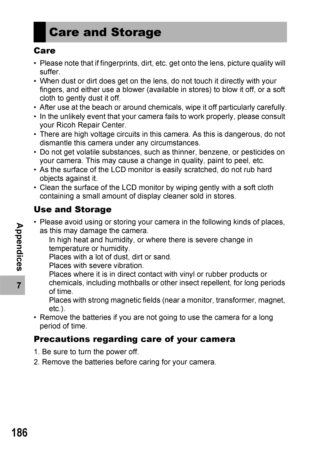 Ricoh Caplio R6 manual Care and Storage, 186, Use and Storage, Precautions regarding care of your camera 