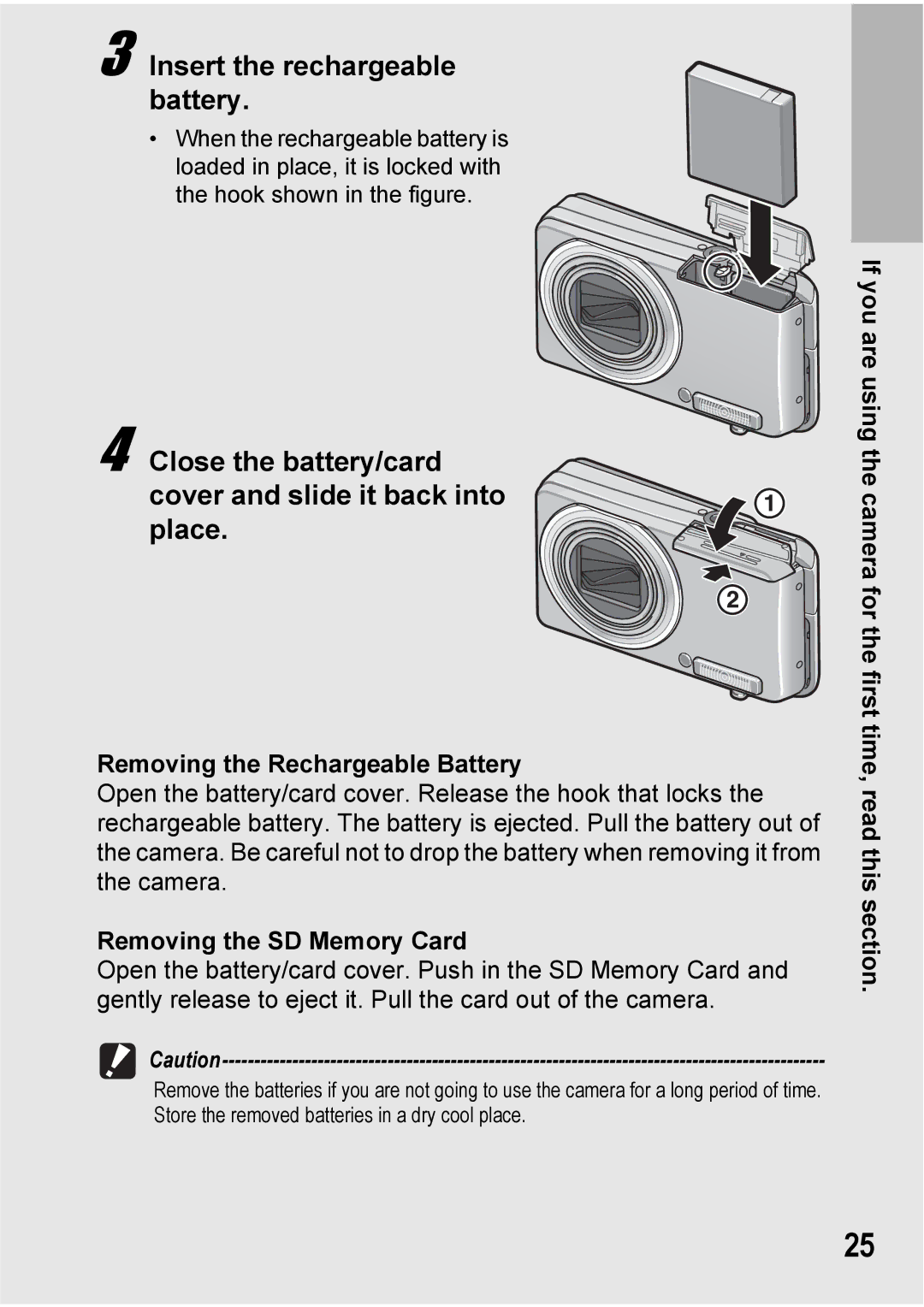 Ricoh Caplio R6 manual Insert the rechargeable battery, Close the battery/card cover and slide it back into place 