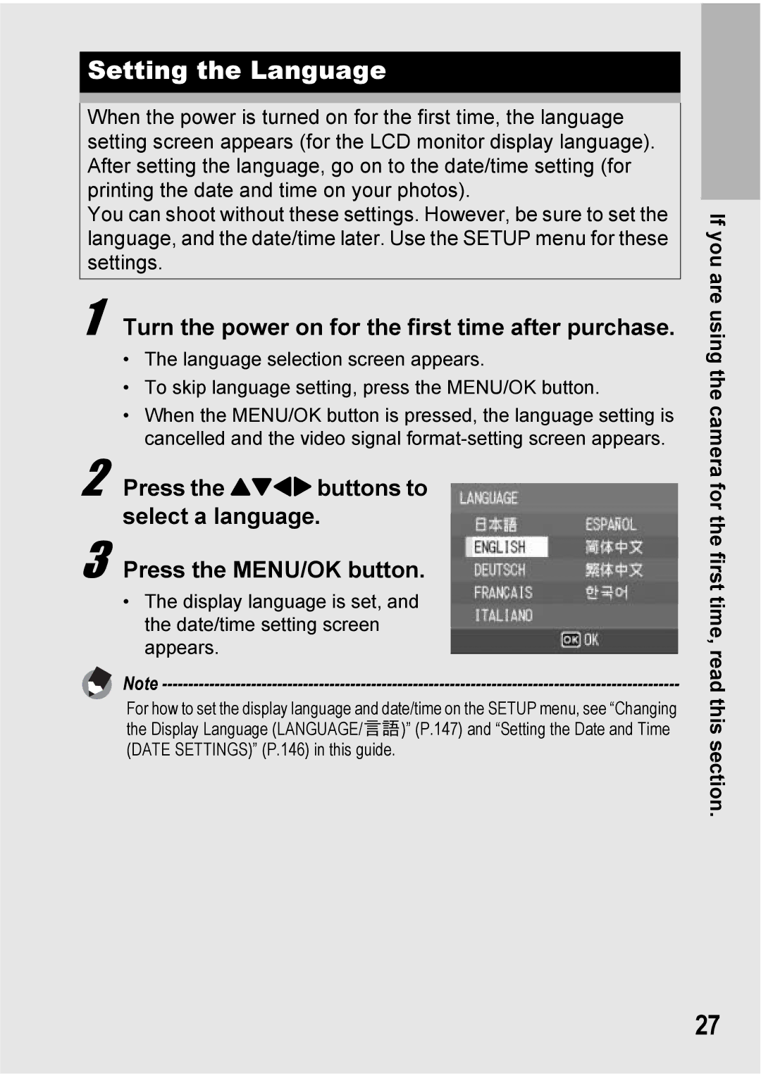 Ricoh Caplio R6 manual Setting the Language, Turn the power on for the first time after purchase 