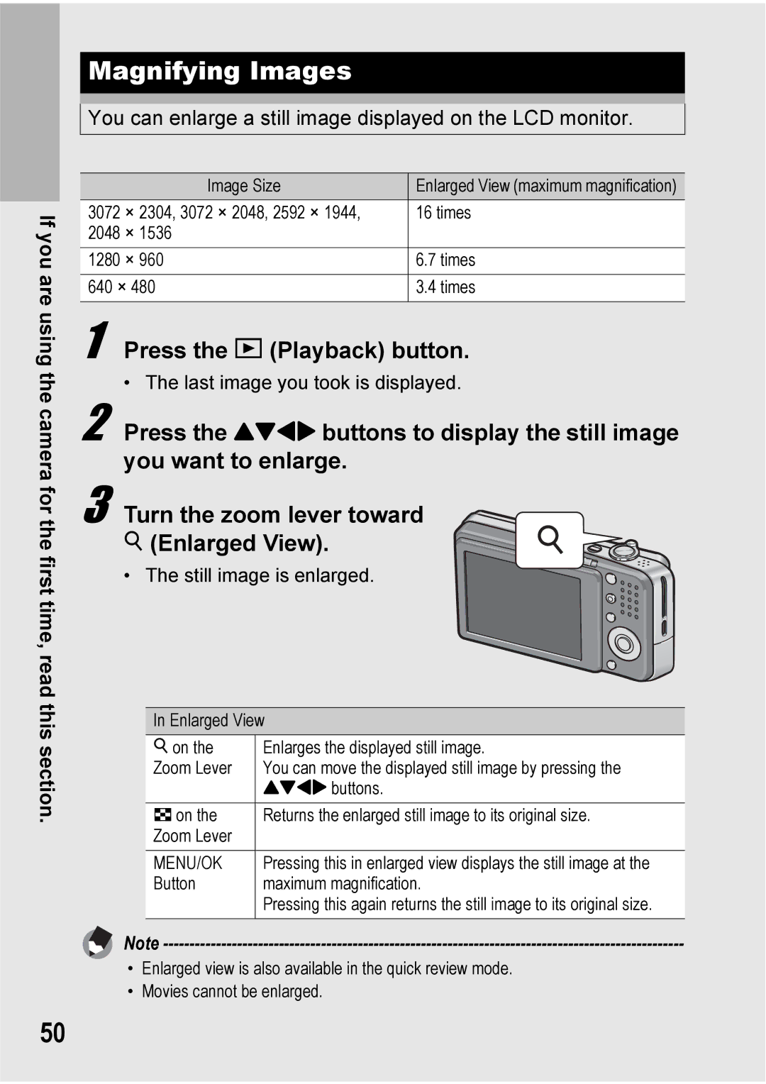 Ricoh Caplio R6 manual Magnifying Images, You can enlarge a still image displayed on the LCD monitor 