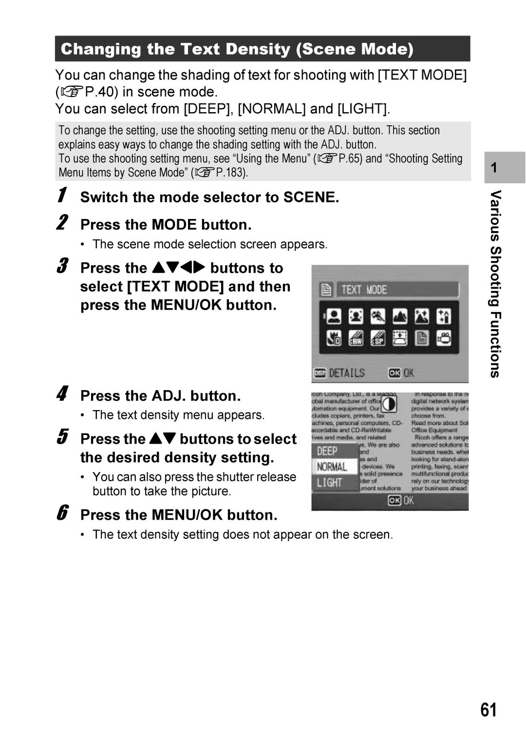 Ricoh Caplio R6 manual Changing the Text Density Scene Mode, Switch the mode selector to Scene Press the Mode button 