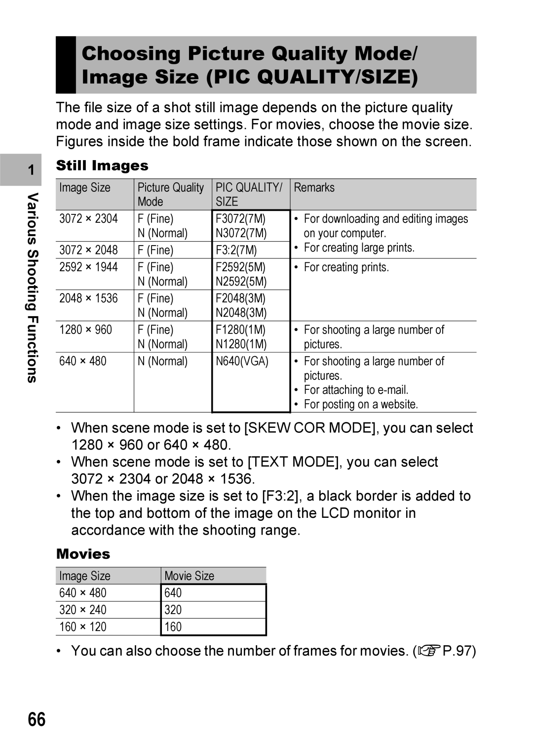 Ricoh Caplio R6 manual Choosing Picture Quality Mode/ Image Size PIC QUALITY/SIZE, Still Images, Movies 