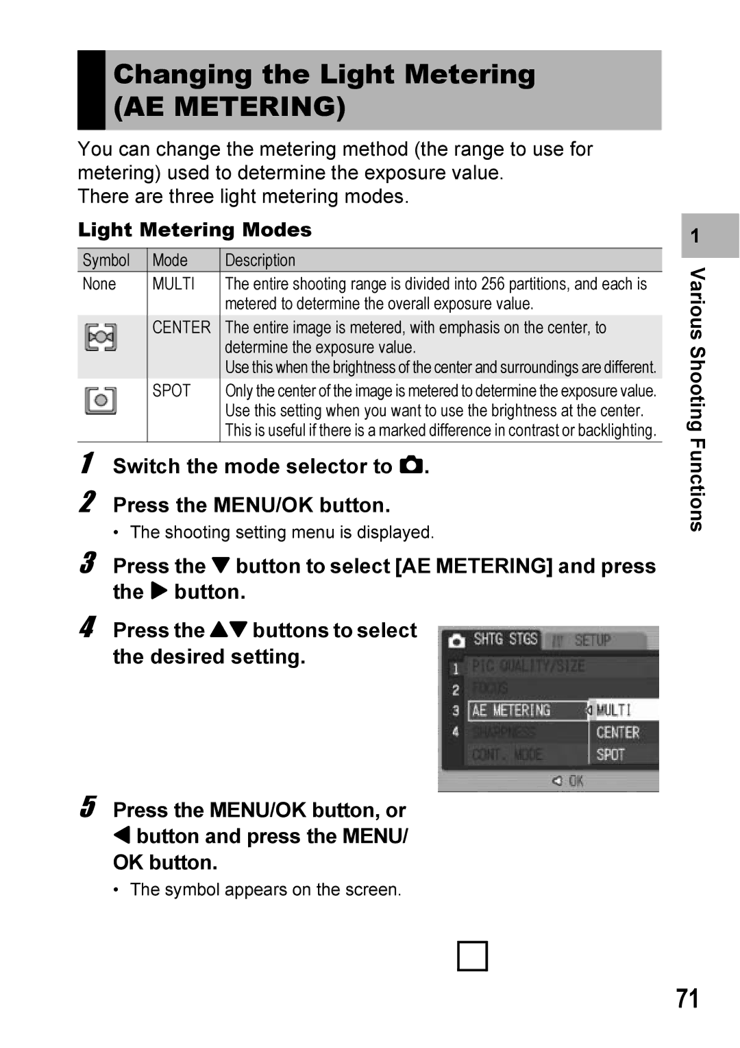 Ricoh Caplio R6 manual Changing the Light Metering, AE Metering, Light Metering Modes 