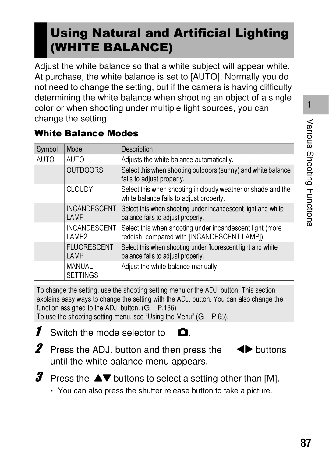 Ricoh Caplio R6 manual Using Natural and Artificial Lighting, White Balance Modes 