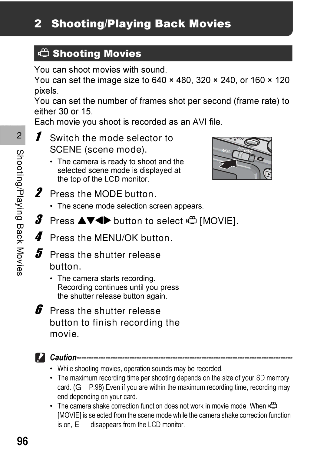 Ricoh Caplio R6 manual Shooting/Playing Back Movies, Shooting Movies, Switch the mode selector to Scene scene mode 