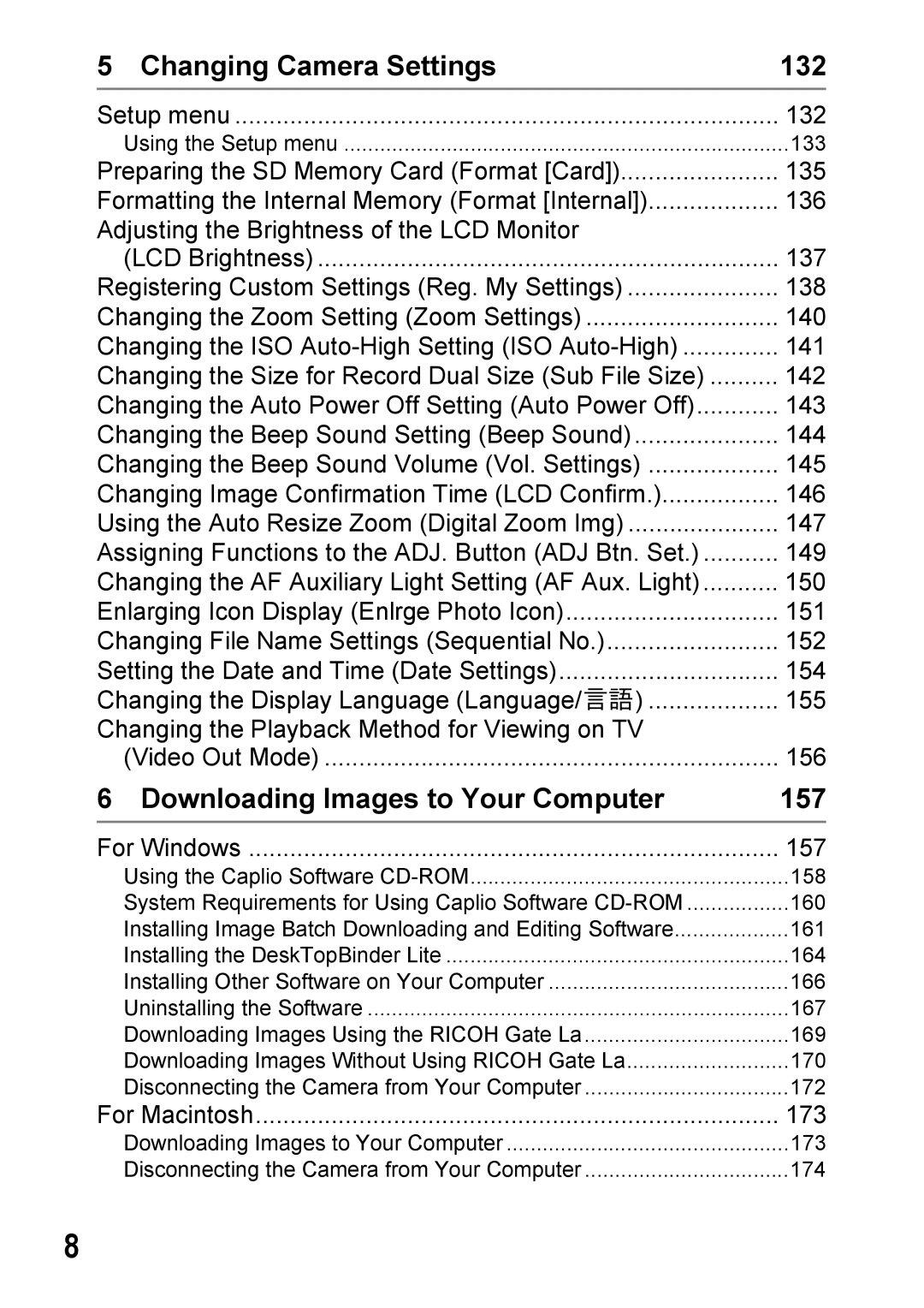 Ricoh Caplio R7 manual Changing Camera Settings 132, Downloading Images to Your Computer 157 