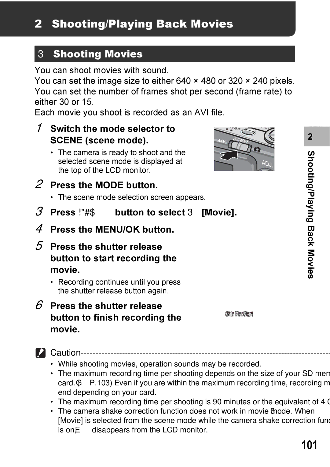 Ricoh Caplio R7 manual 101, Shooting/Playing Back Movies, Shooting Movies, Switch the mode selector to Scene scene mode 