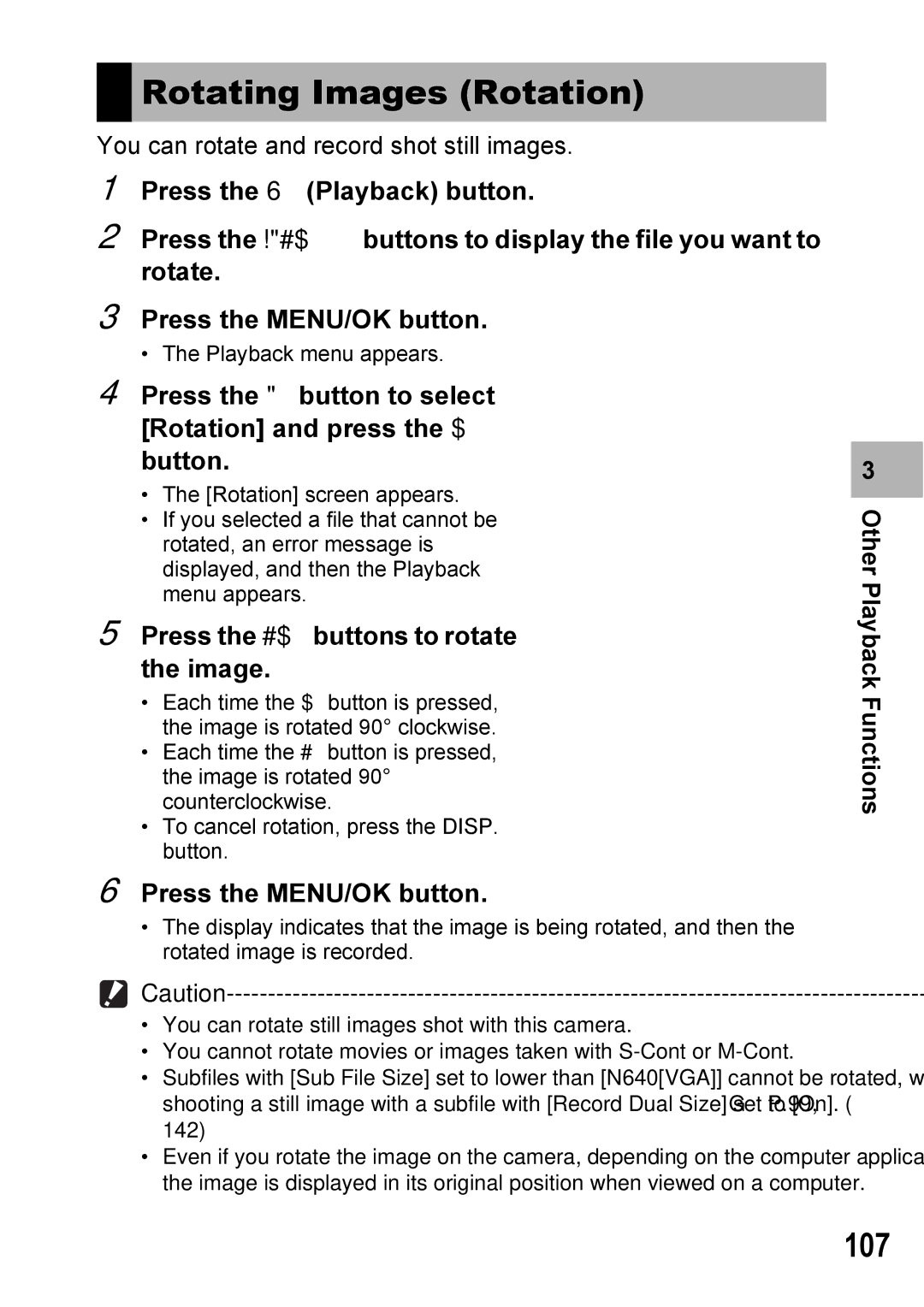 Ricoh Caplio R7 manual Rotating Images Rotation, 107, Press the button to select Rotation and press the $ button 