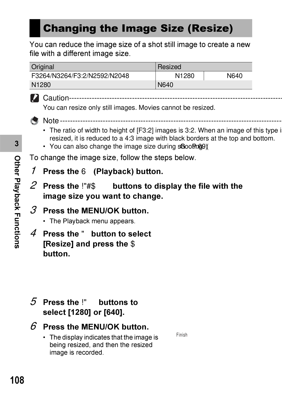 Ricoh Caplio R7 manual Changing the Image Size Resize, 108, Other Playback, Functions 