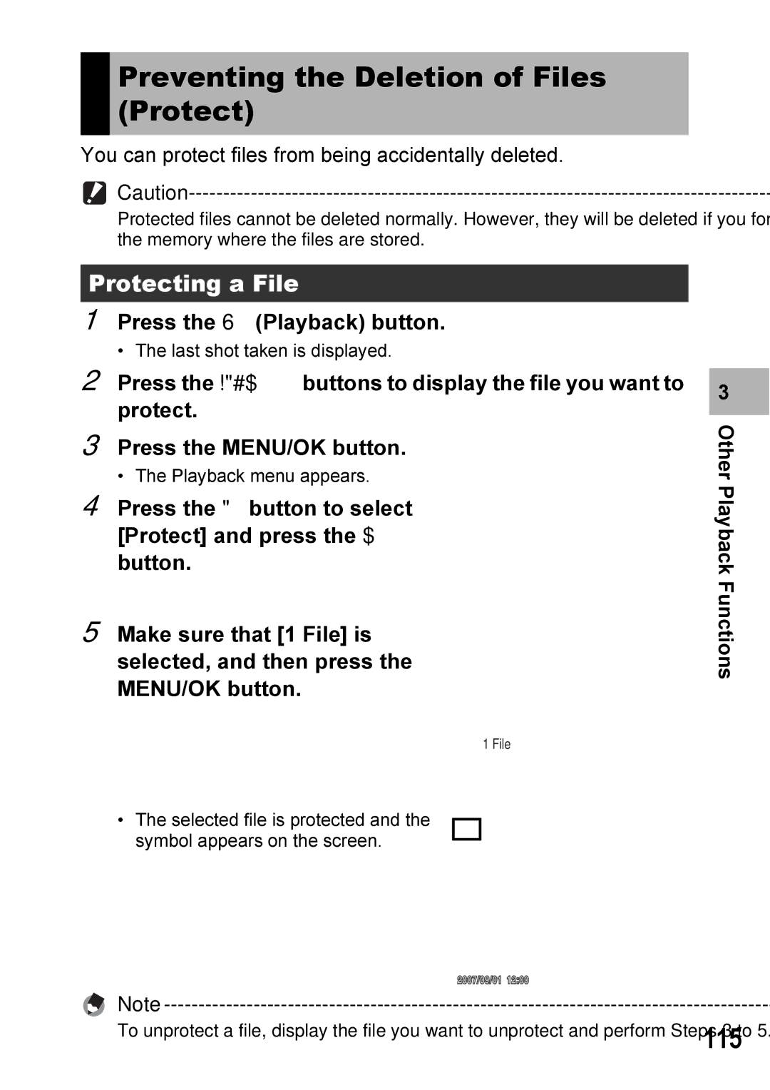 Ricoh Caplio R7 manual Preventing the Deletion of Files Protect, 115, Protecting a File 