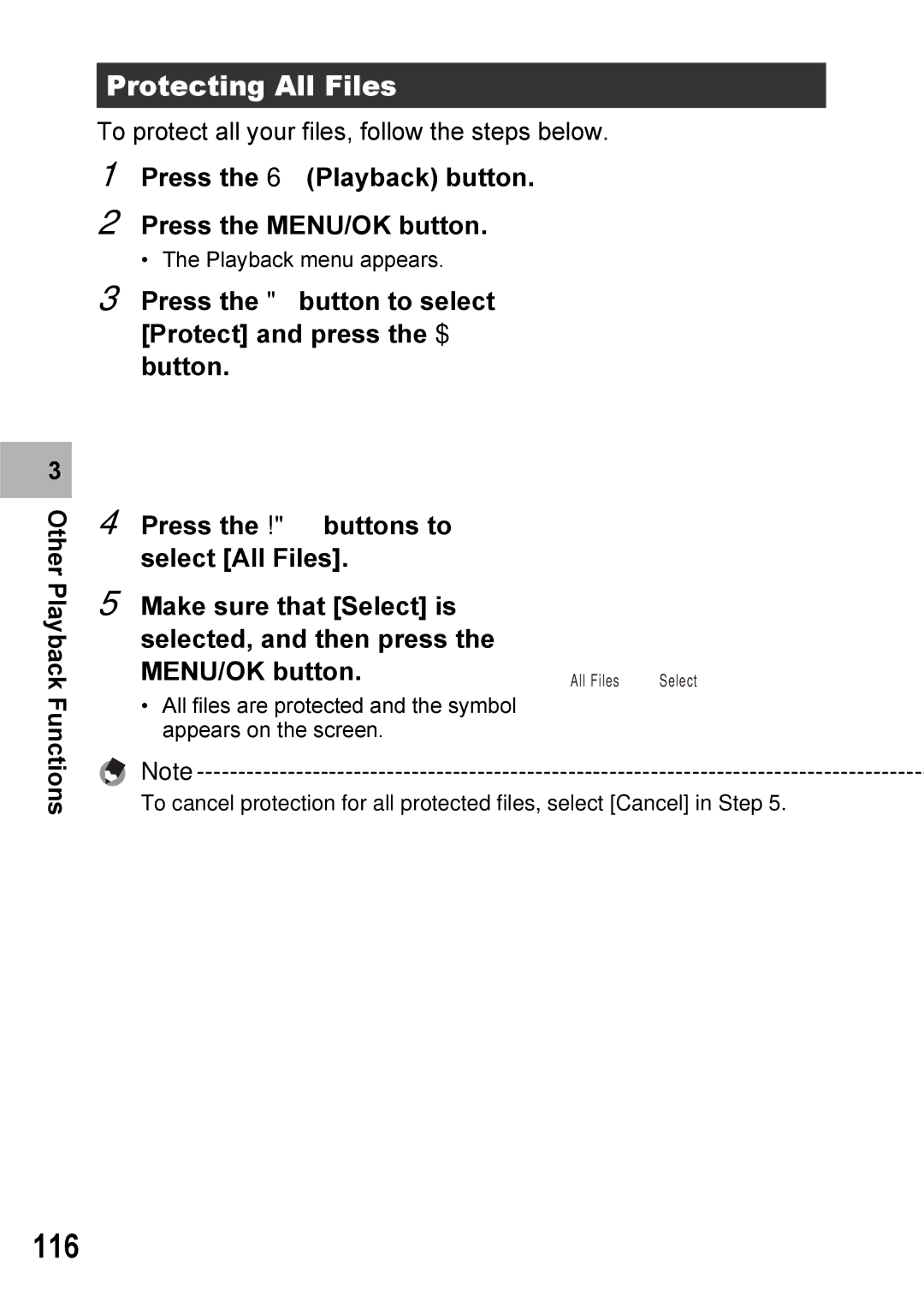 Ricoh Caplio R7 manual 116, Protecting All Files, Press the 6 Playback button Press the MENU/OK button 