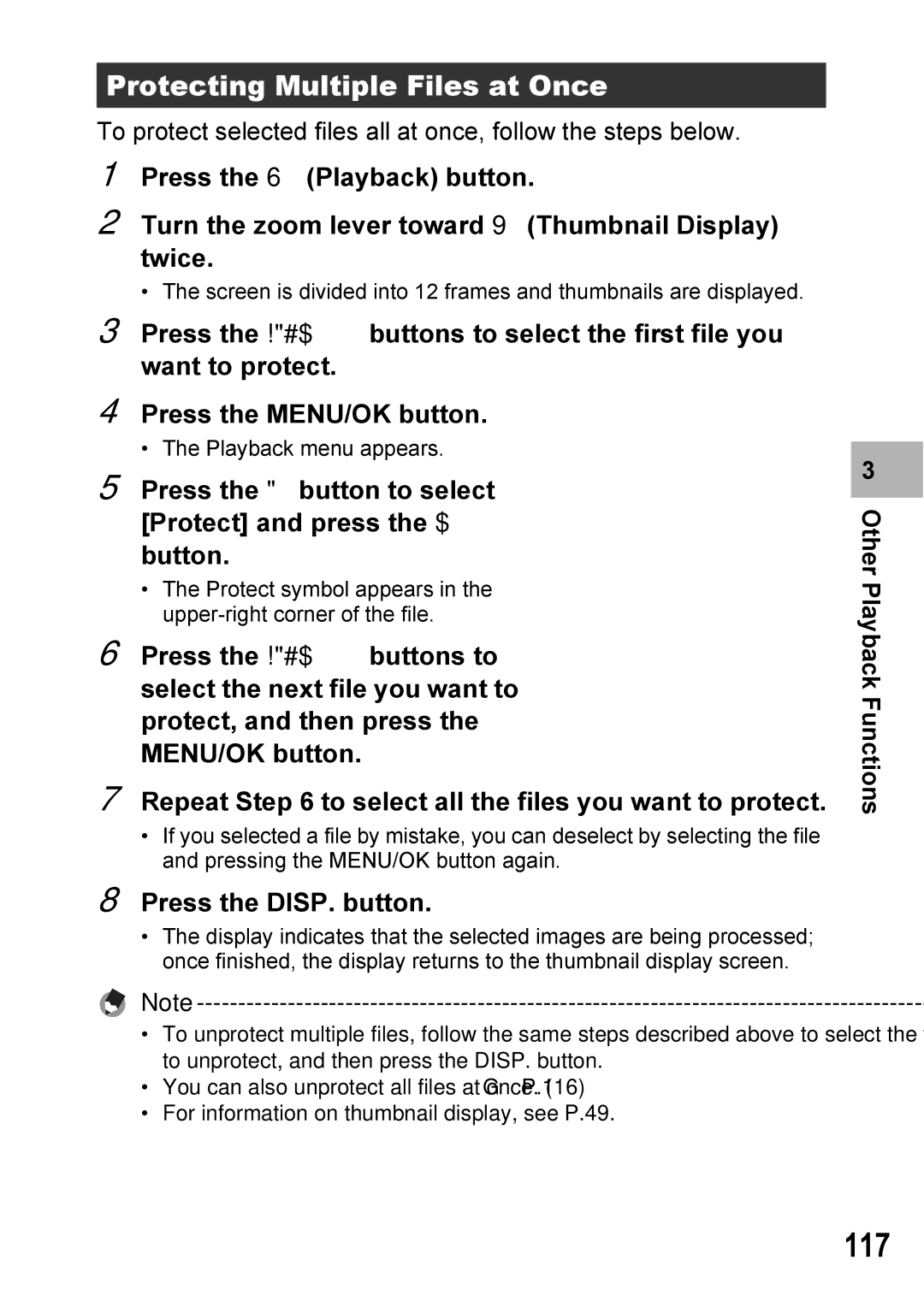 Ricoh Caplio R7 manual 117, Protecting Multiple Files at Once, Press the DISP. button 