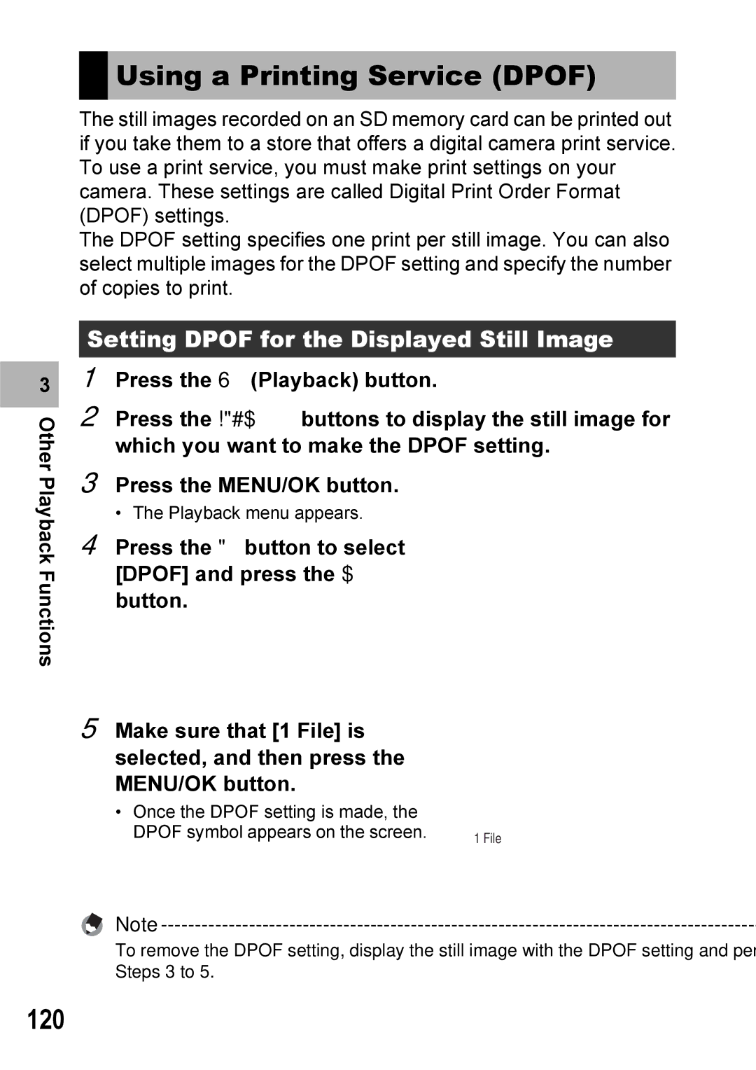 Ricoh Caplio R7 manual Using a Printing Service Dpof, 120, Setting Dpof for the Displayed Still Image 