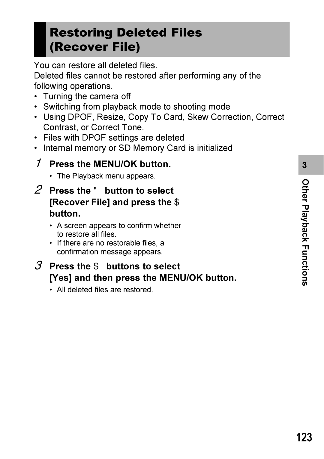 Ricoh Caplio R7 manual Restoring Deleted Files Recover File, 123 