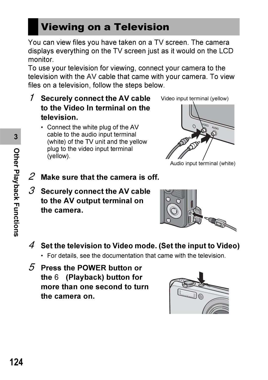 Ricoh Caplio R7 manual Viewing on a Television, 124, Set the television to Video mode. Set the input to Video 