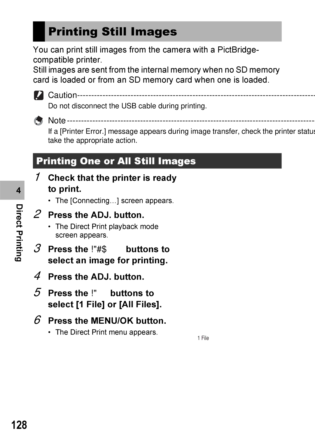 Ricoh Caplio R7 Printing Still Images, 128, Printing One or All Still Images, Check that the printer is ready to print 