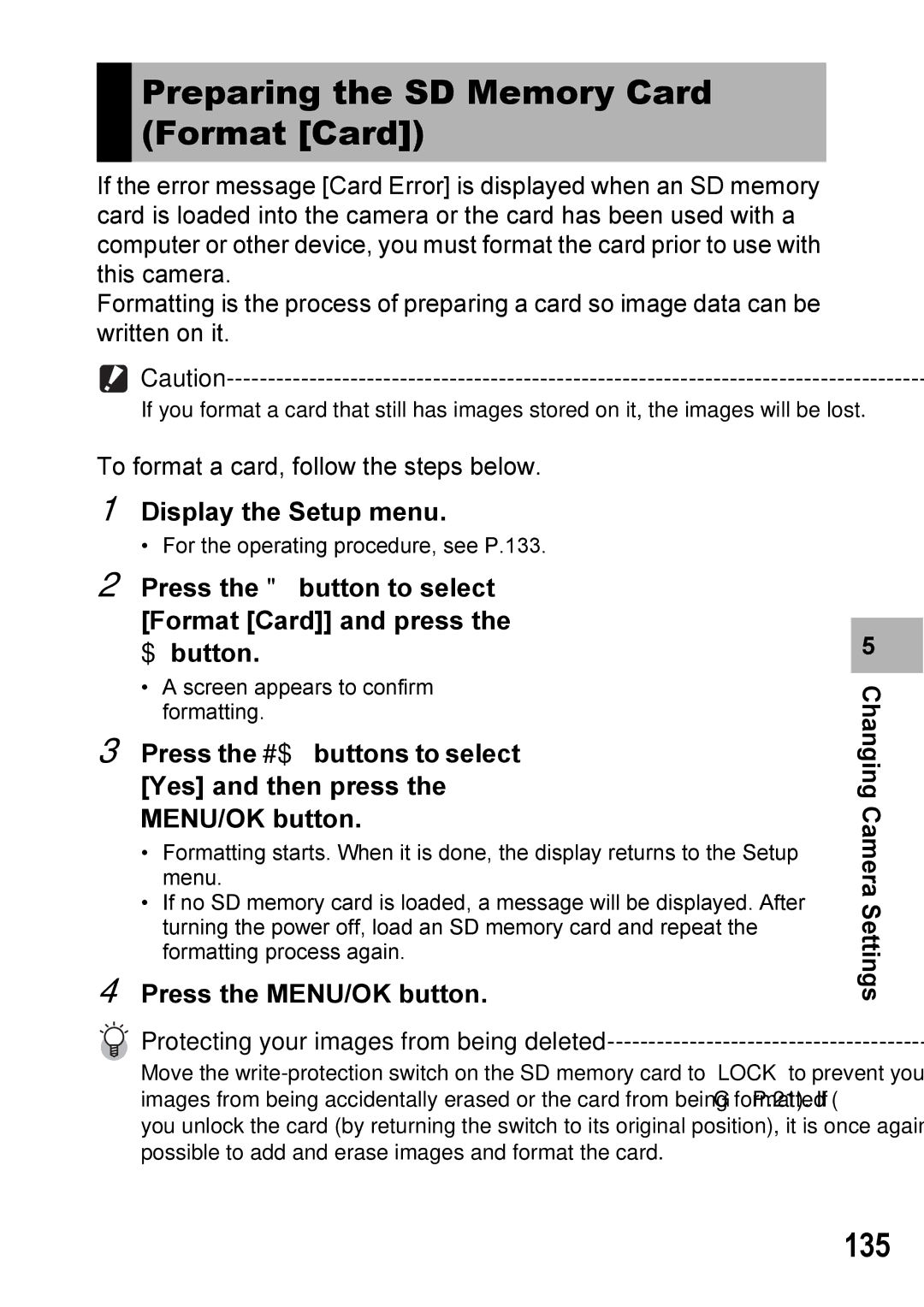 Ricoh Caplio R7 manual Preparing the SD Memory Card Format Card, 135 