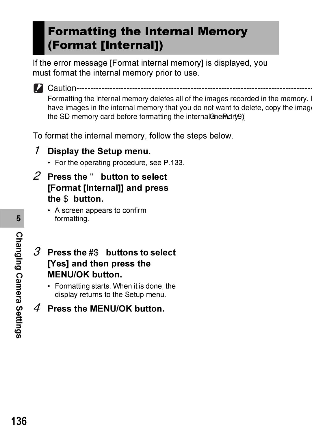 Ricoh Caplio R7 manual Formatting the Internal Memory Format Internal, 136 