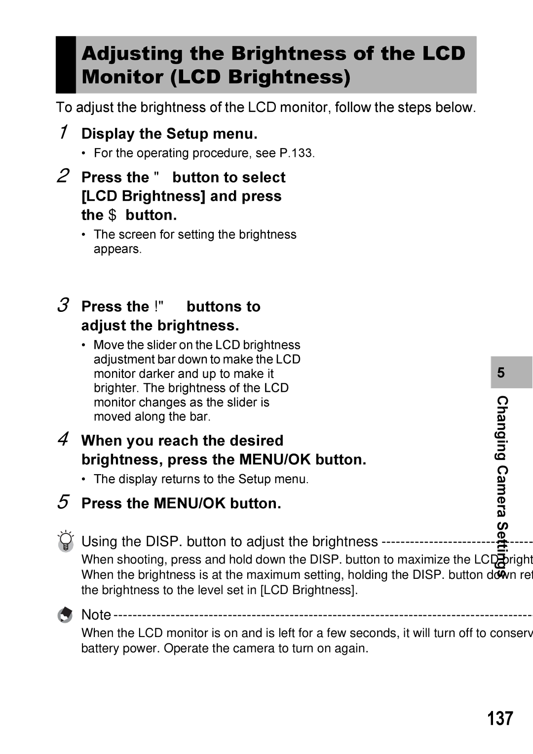 Ricoh Caplio R7 manual Adjusting the Brightness of the LCD Monitor LCD Brightness, 137 