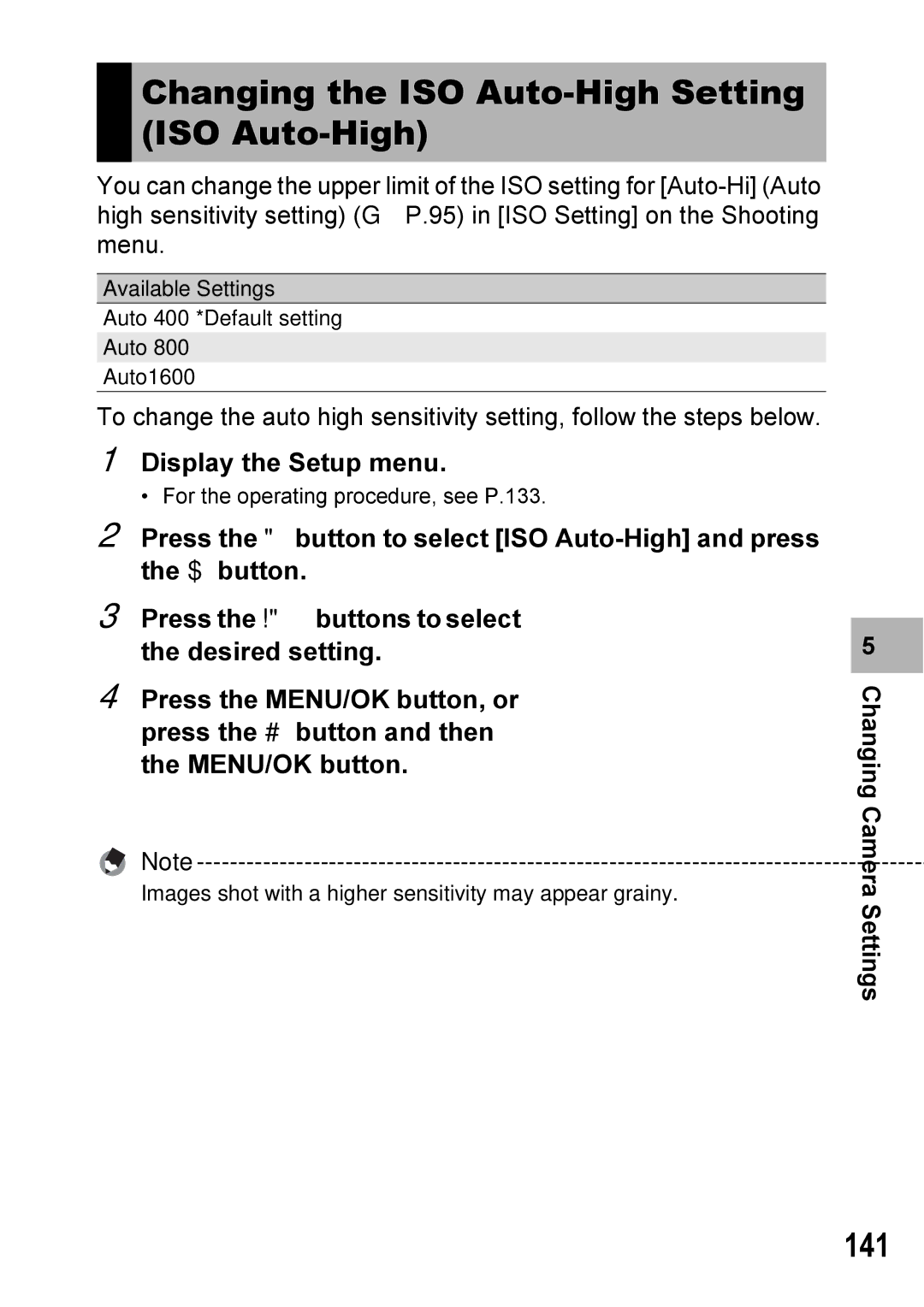 Ricoh Caplio R7 manual Changing the ISO Auto-High Setting ISO Auto-High, 141 