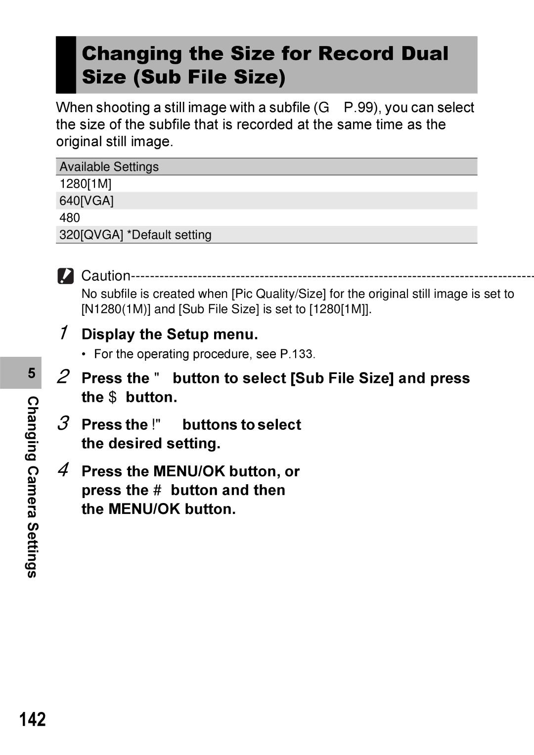 Ricoh Caplio R7 manual Changing the Size for Record Dual Size Sub File Size, 142 