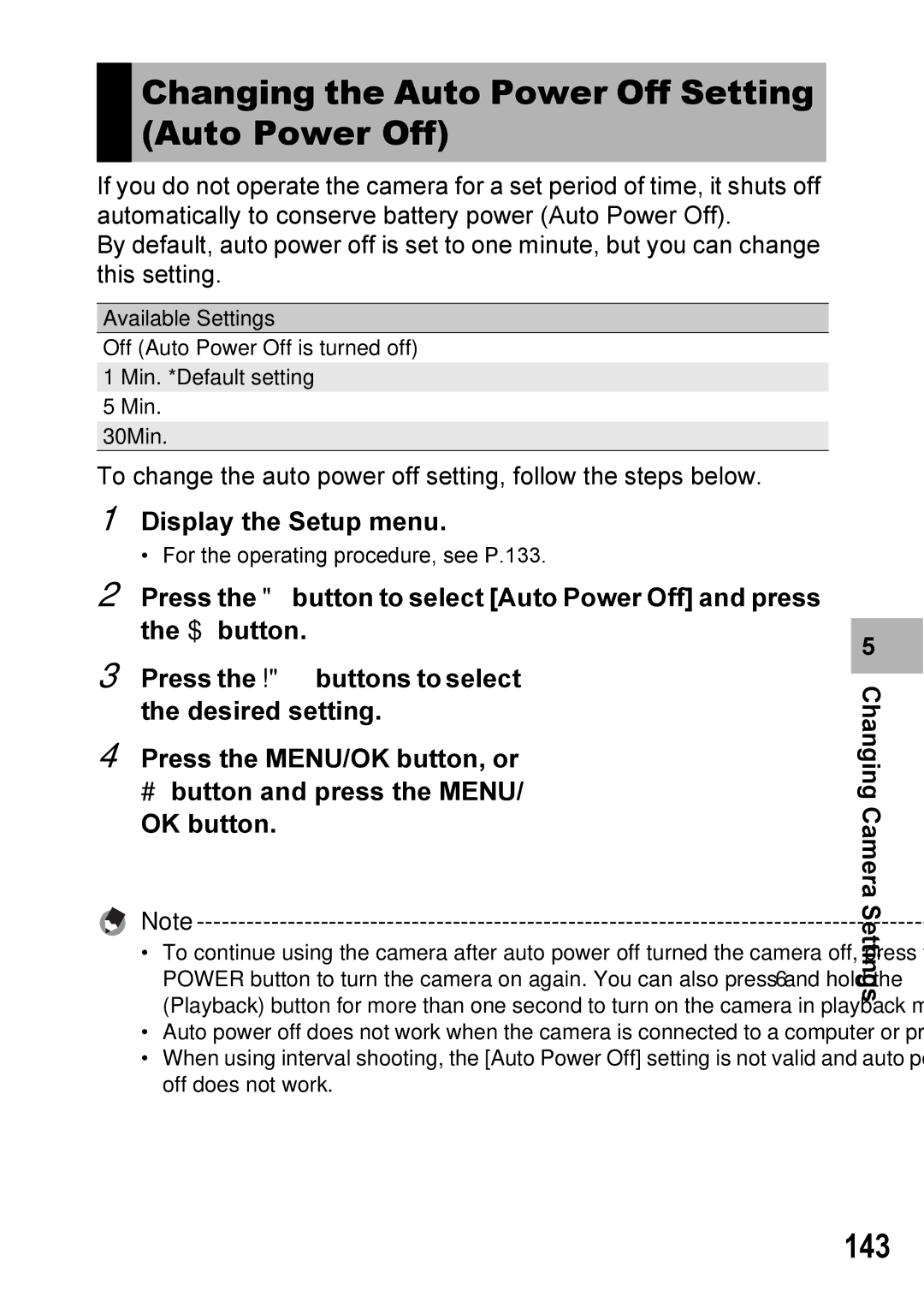 Ricoh Caplio R7 manual Changing the Auto Power Off Setting Auto Power Off, 143 