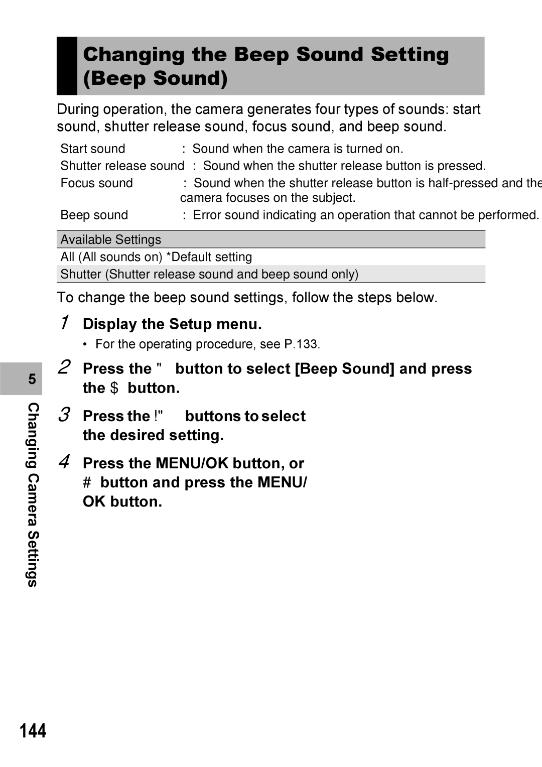 Ricoh Caplio R7 manual Changing the Beep Sound Setting Beep Sound, 144 