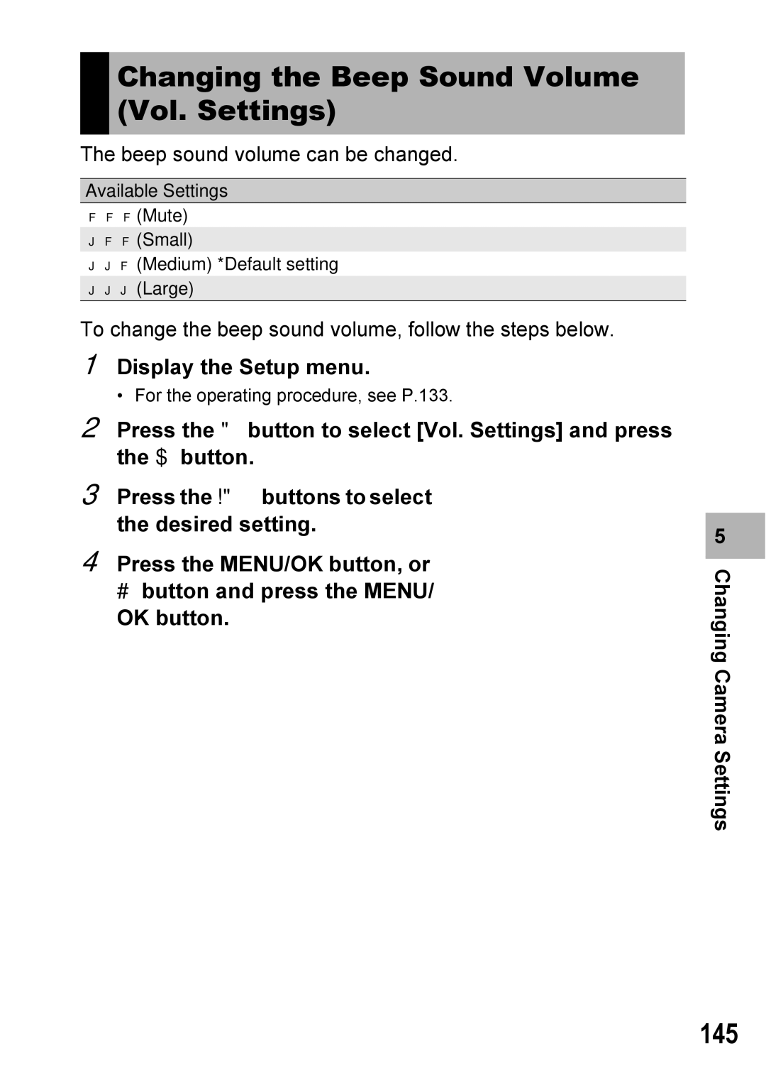 Ricoh Caplio R7 manual Changing the Beep Sound Volume Vol. Settings, 145 