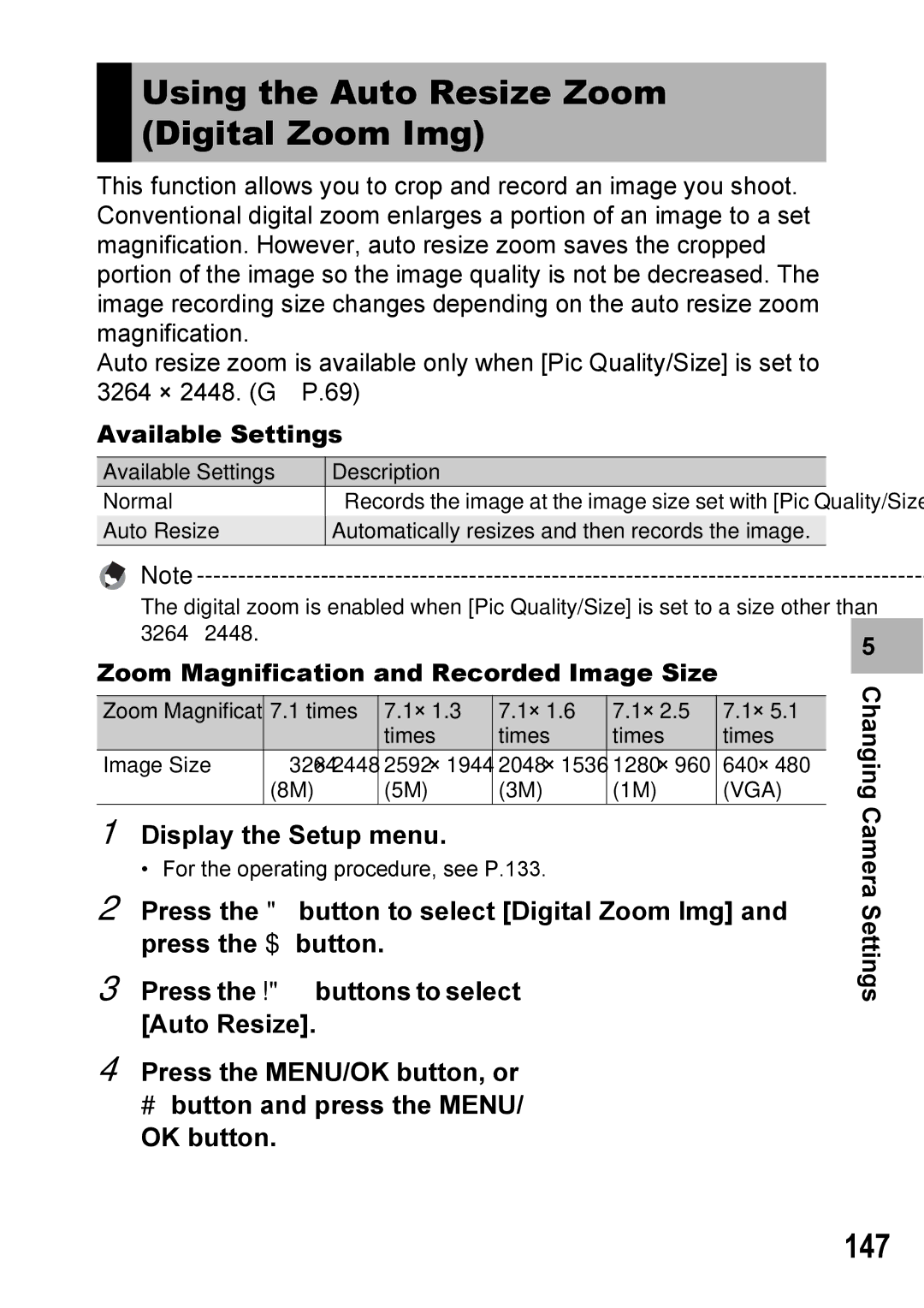 Ricoh Caplio R7 manual Using the Auto Resize Zoom Digital Zoom Img, 147, Available Settings 