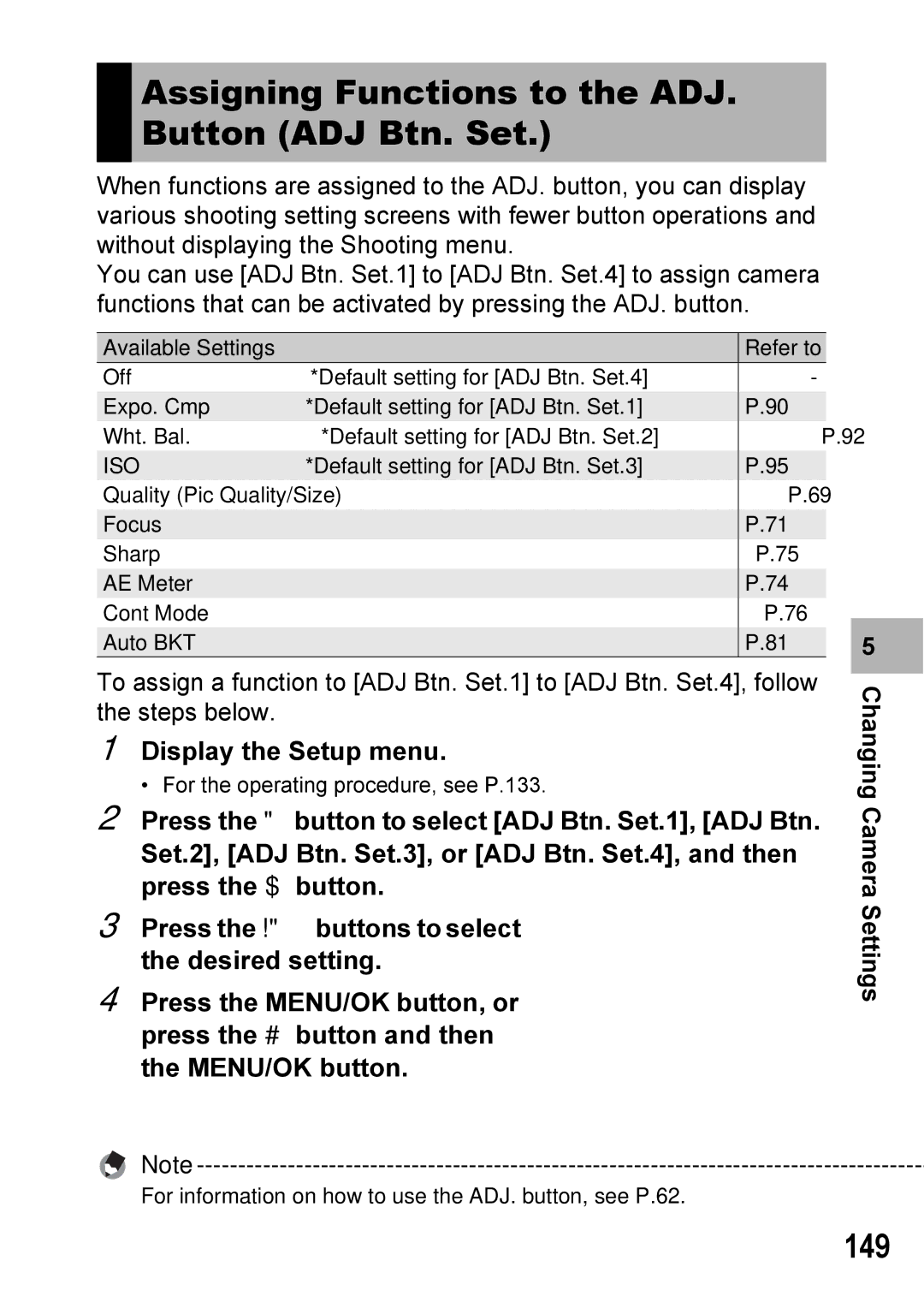 Ricoh Caplio R7 manual Assigning Functions to the ADJ. Button ADJ Btn. Set, 149 