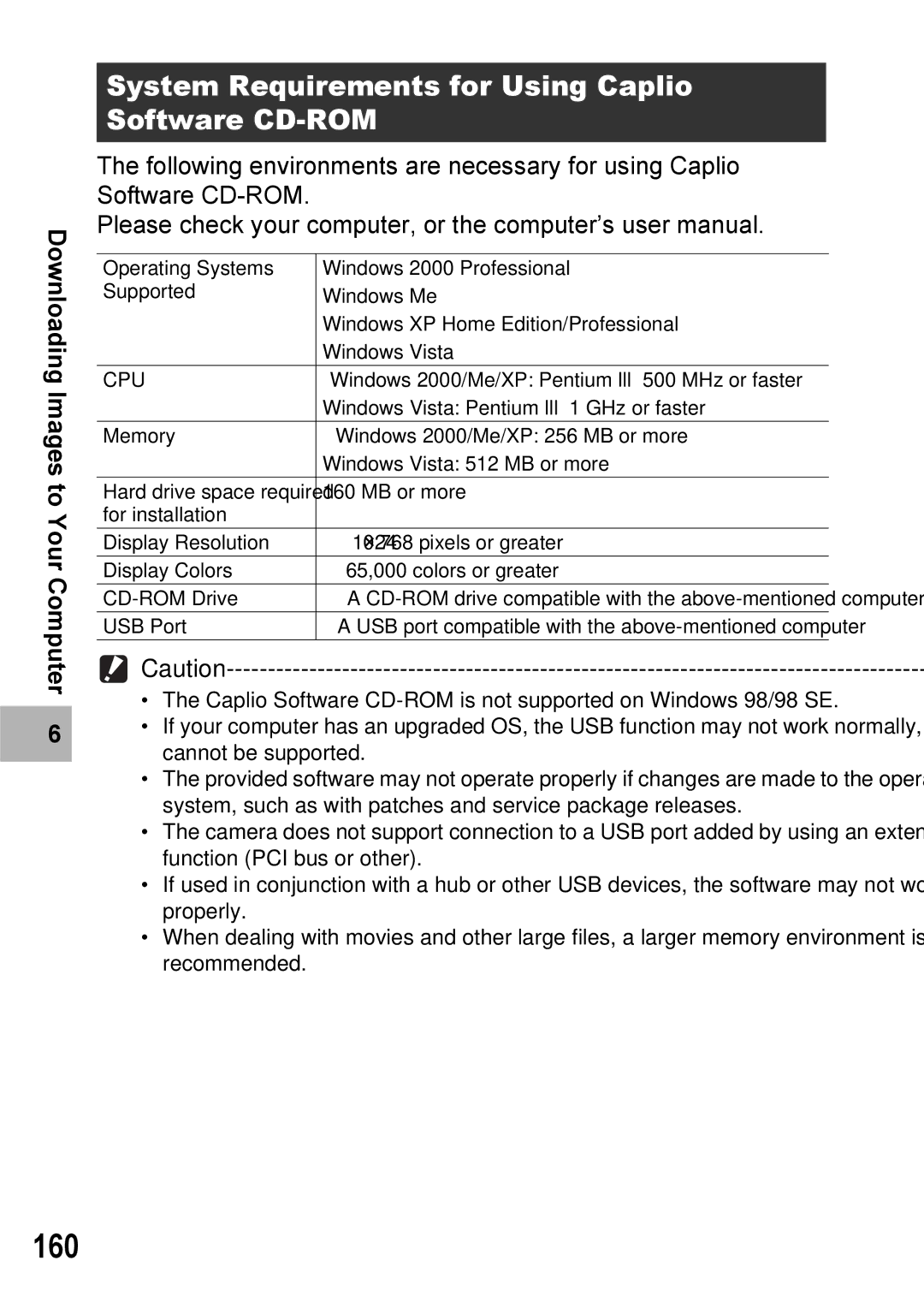 Ricoh Caplio R7 manual 160, System Requirements for Using Caplio Software CD-ROM 