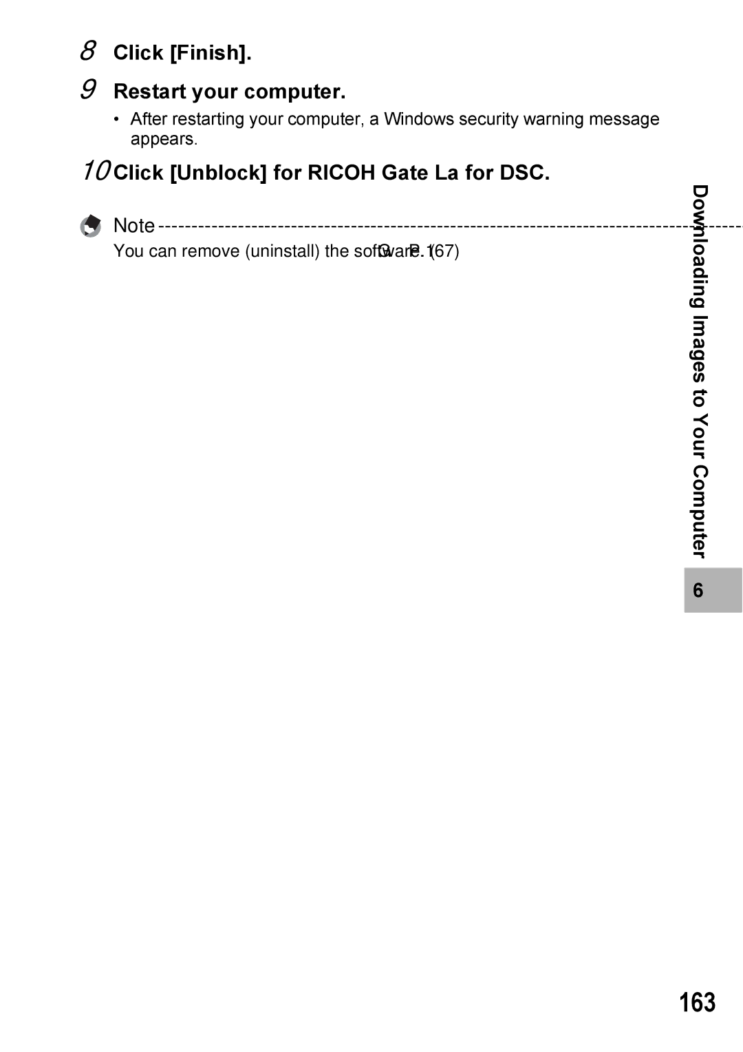 Ricoh Caplio R7 manual 163, Click Finish Restart your computer, Click Unblock for Ricoh Gate La for DSC 