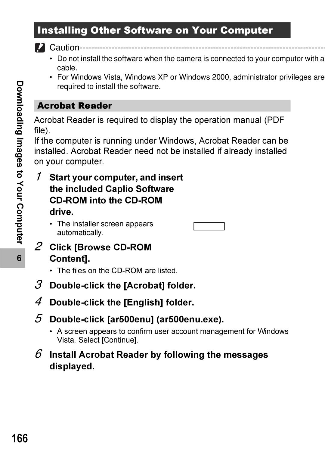 Ricoh Caplio R7 manual 166, Installing Other Software on Your Computer, Click Browse CD-ROM Content, Acrobat Reader 