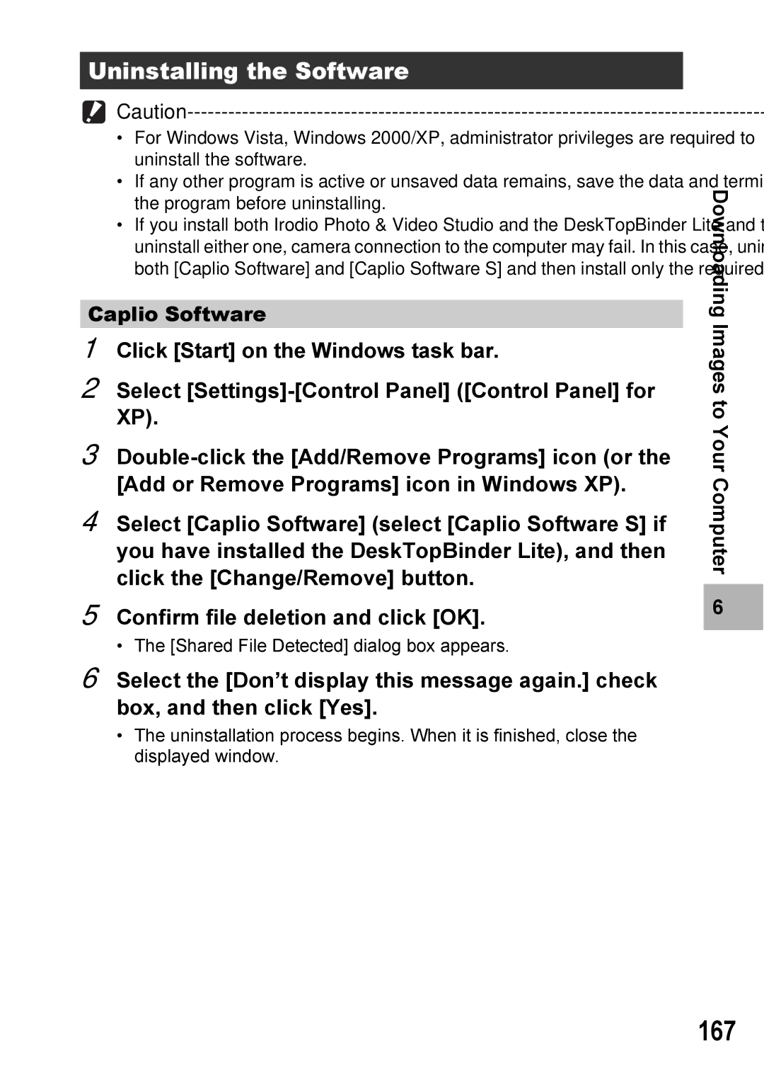 Ricoh Caplio R7 manual 167, Uninstalling the Software, Caplio Software 