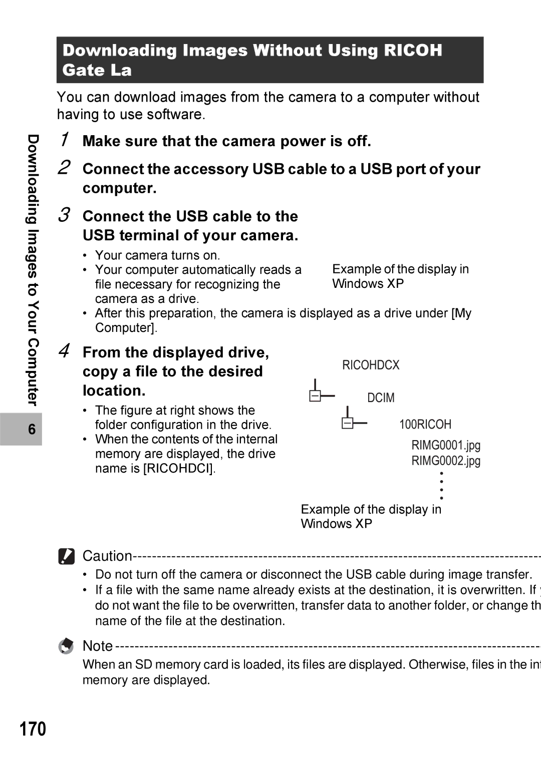 Ricoh Caplio R7 manual 170, Downloading Images Without Using Ricoh Gate La 