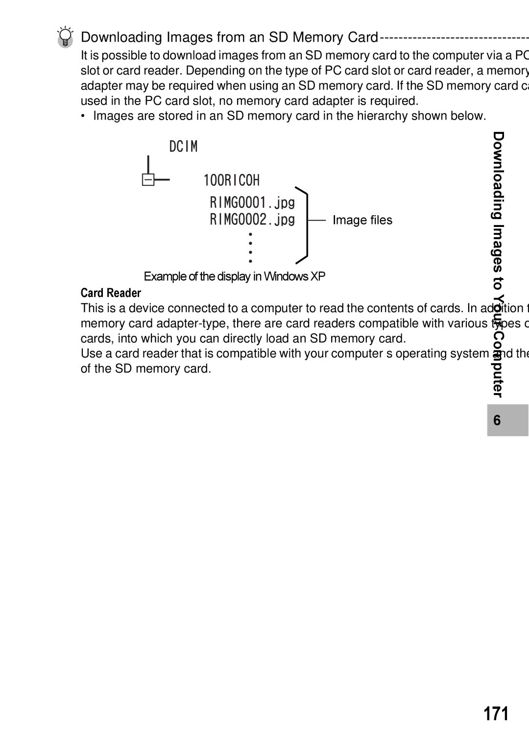 Ricoh Caplio R7 manual 171, Downloading Images from an SD Memory Card 