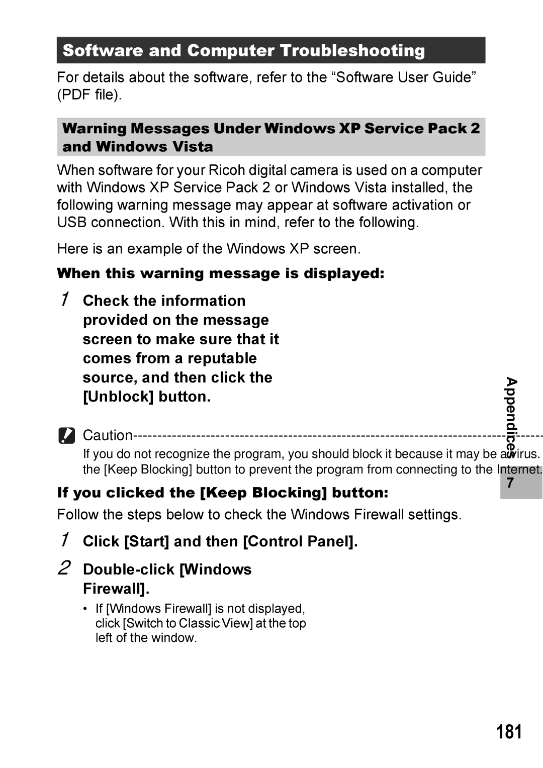 Ricoh Caplio R7 manual 181, Software and Computer Troubleshooting, When this warning message is displayed 