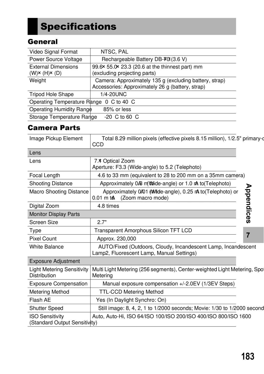 Ricoh Caplio R7 manual Specifications, 183, General, Camera Parts 