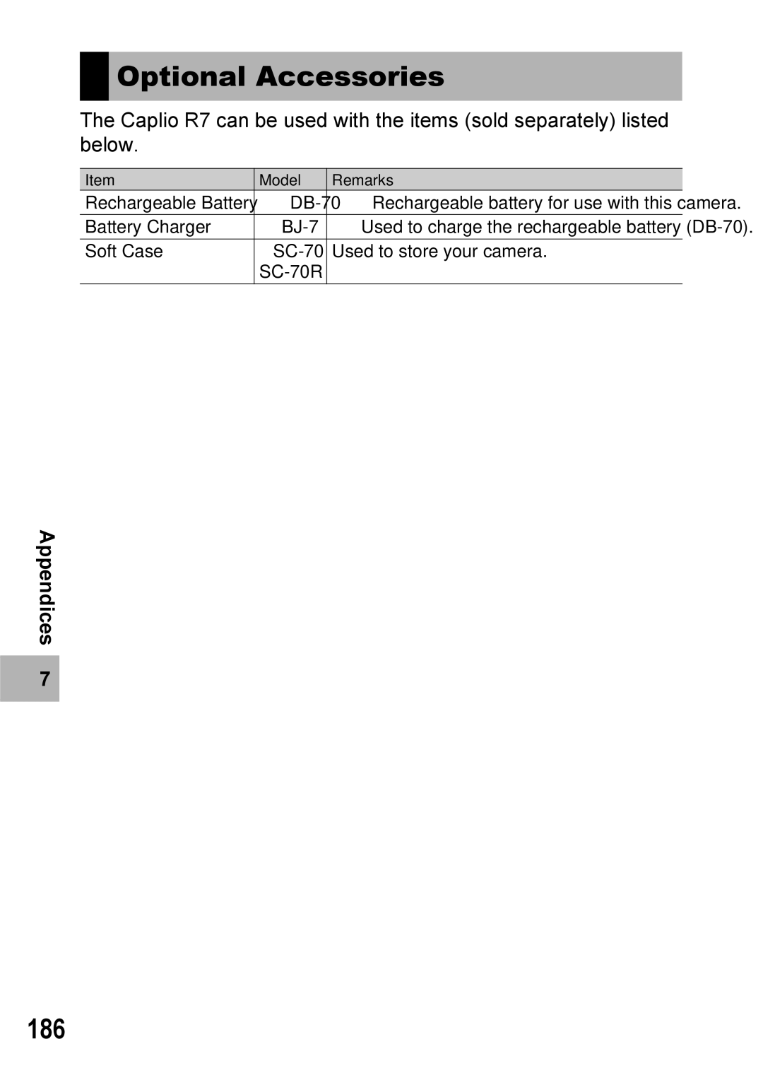 Ricoh Caplio R7 manual Optional Accessories, 186 