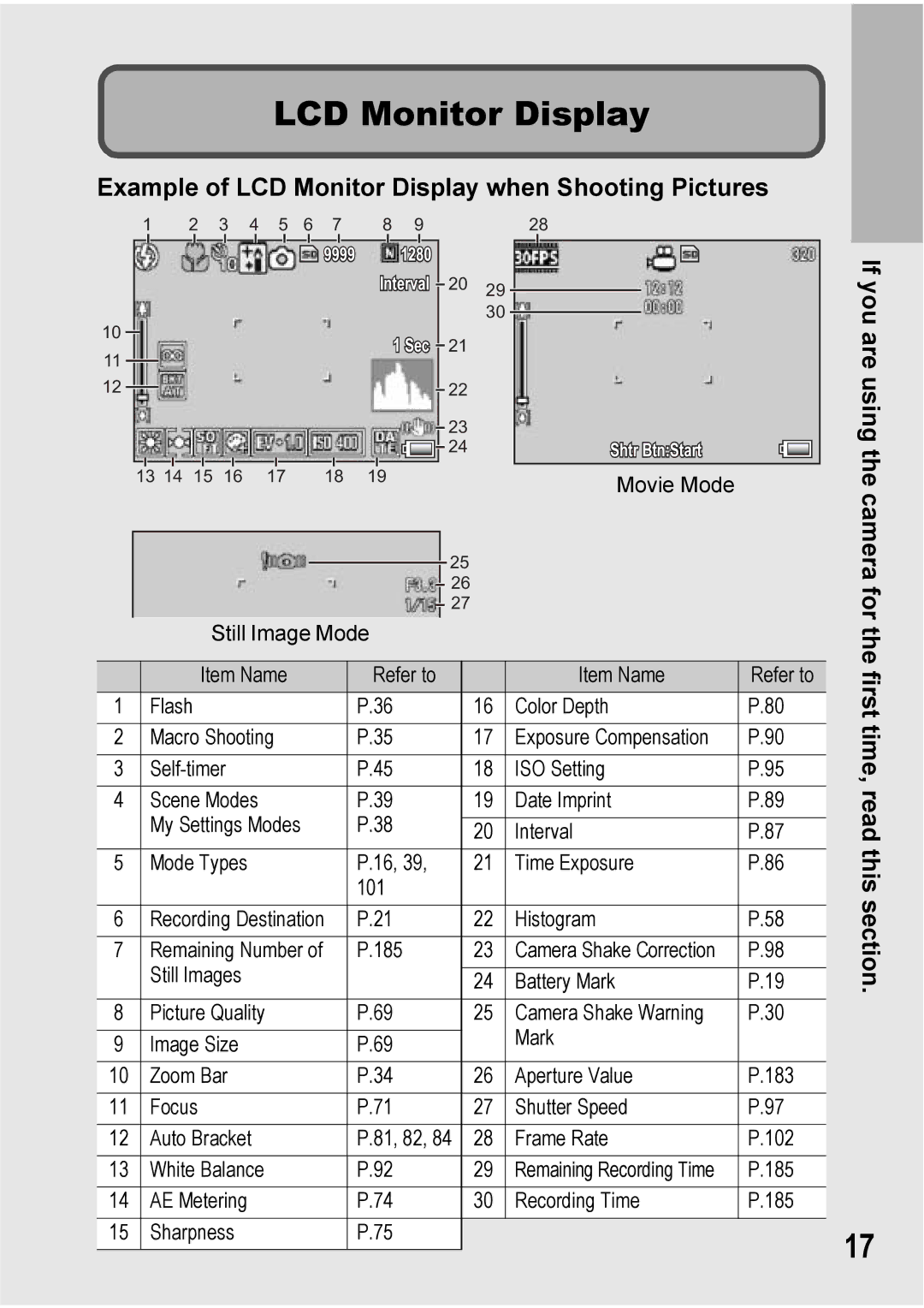 Ricoh Caplio R7 manual Example of LCD Monitor Display when Shooting Pictures, First time, read this section 