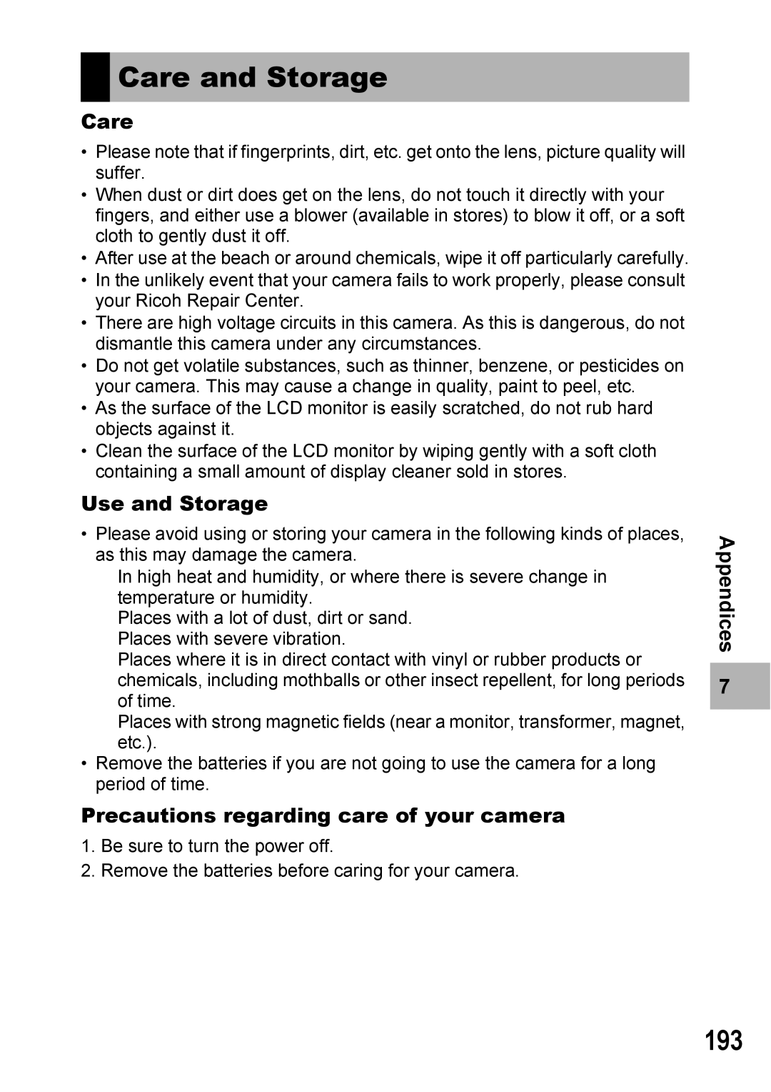 Ricoh Caplio R7 manual Care and Storage, 193, Use and Storage, Precautions regarding care of your camera 