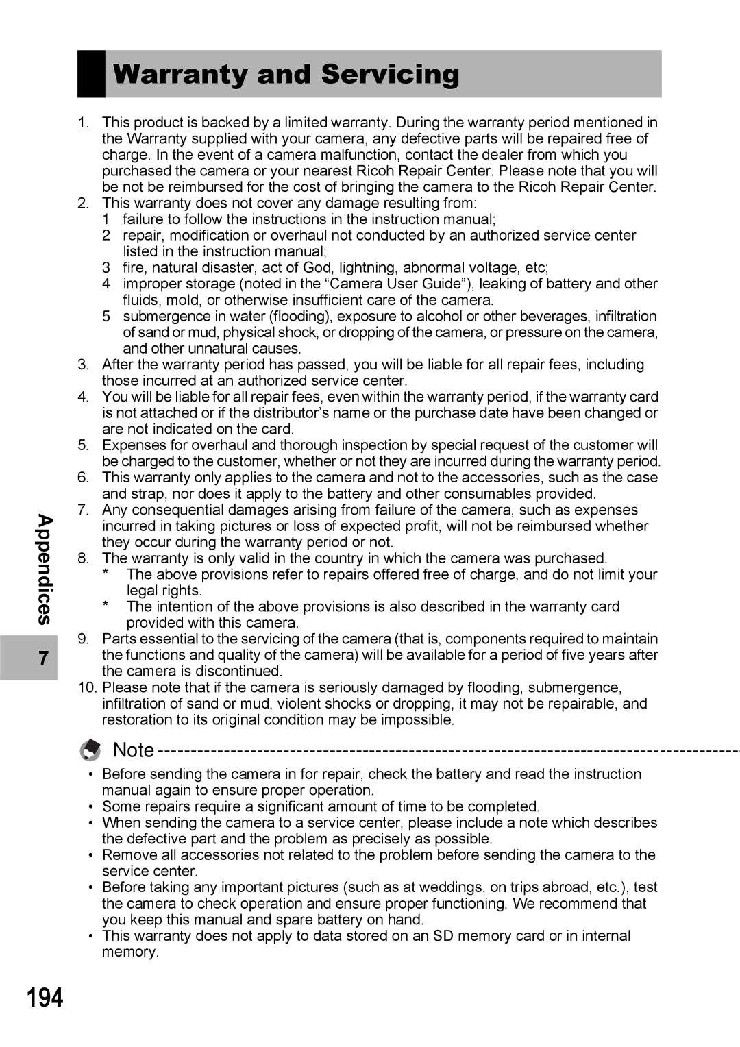 Ricoh Caplio R7 manual Warranty and Servicing, 194 